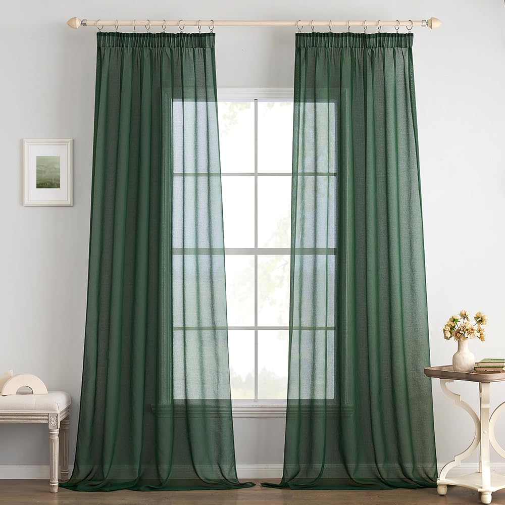 EMEMA Curtains with Ruffle Tape, Set of 2, Sheer Voile Dark Green Curtains, Transparent Curtain for Rail System Living Room