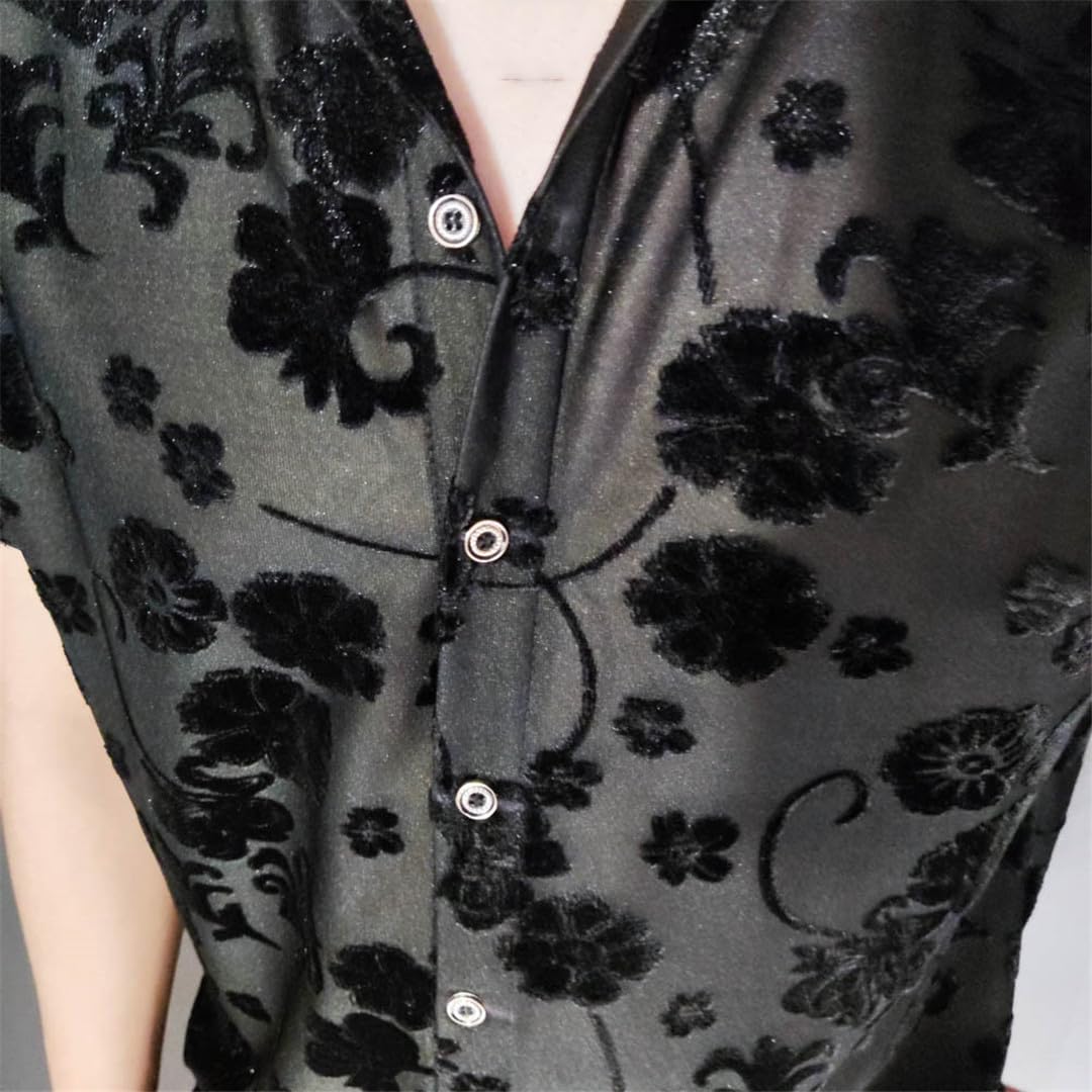 Yeuyyben Camicia Floreale Nera Trasparente da Uomo Camicia in Pile Sexy da Uomo Abbigliamento A Maniche Corte Vedere Attraverso La Camicia del Club Sociale