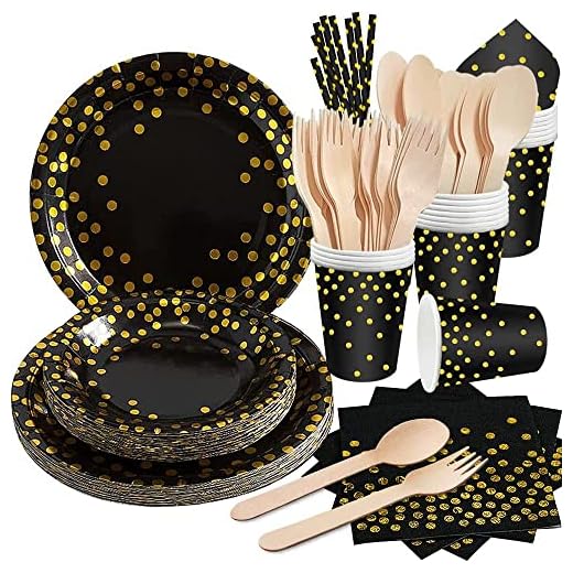 DN Denov - Vajilla para fiesta (99 unidades, incluye platos de papel, servilletas, 9 onzas, para cumpleaños, graduaciones, cócteles, 24 invitados), color negro y dorado’ (black&gold)