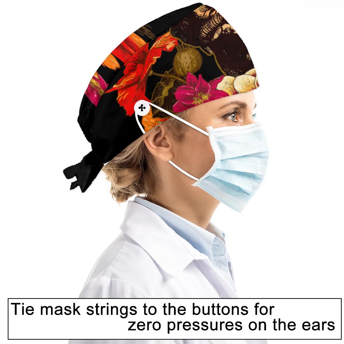 Mularoka Vintage Skull Flowers Working Caps with Button Sweatband Comfortable Adjustable Bouffant Hats Work Hat for Women Men