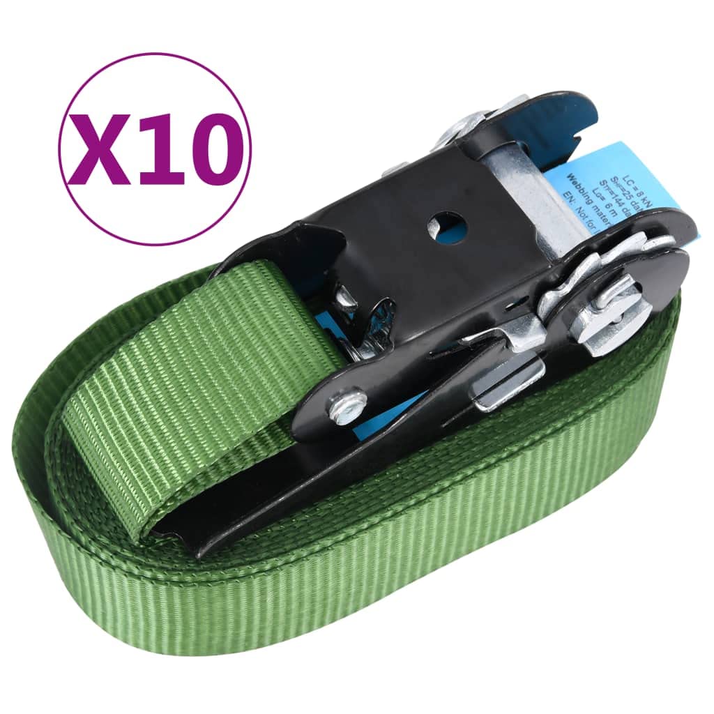 Ratschen-Zurrgurte 10 STK., 800 daN, 6 m, Grün, aus Polyester, Zurrkapazität 400 kg, Bruchlast 800 kg, nach EN 12195-2, für sichere Ladungssicherung