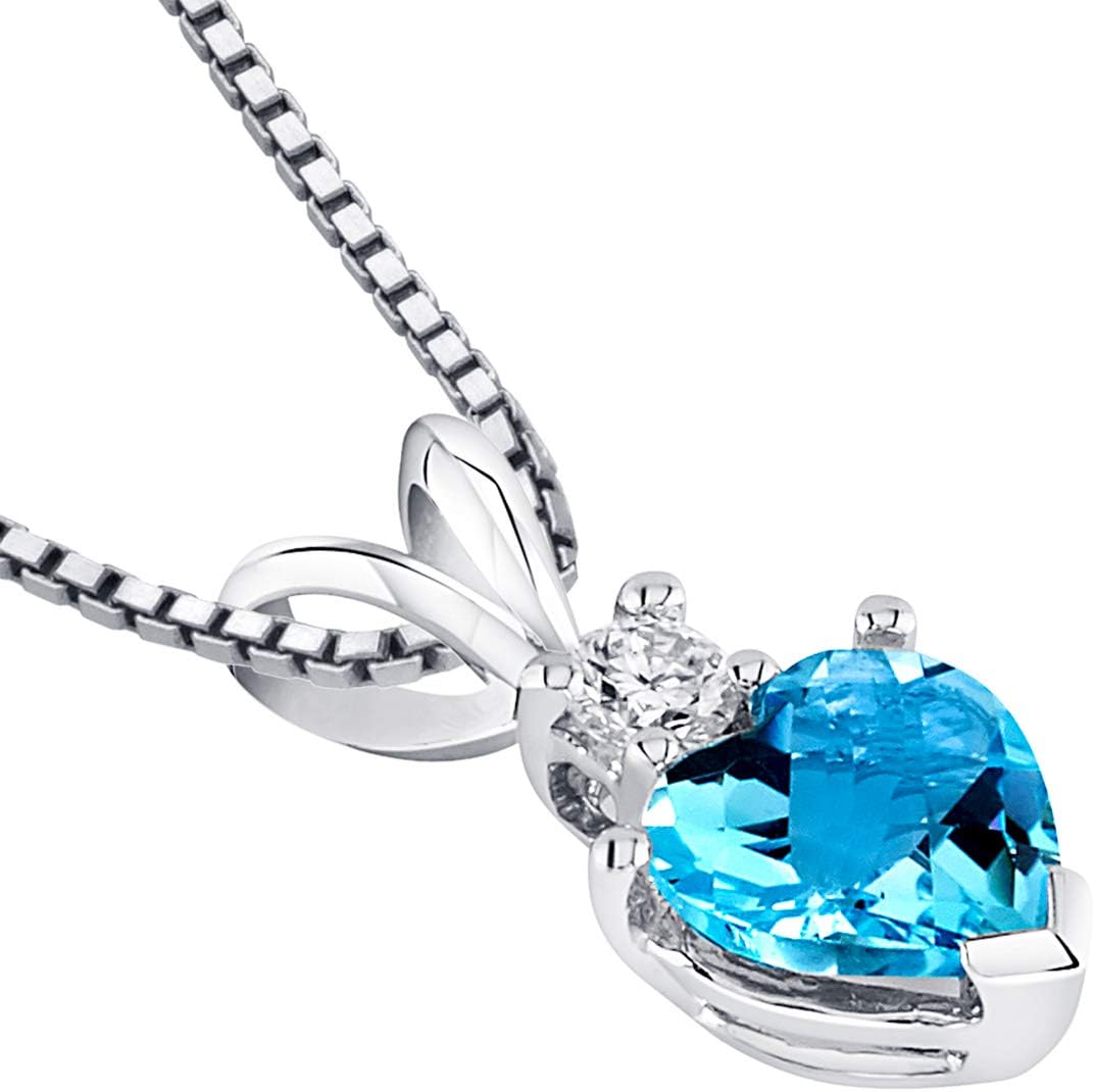 PEORA 14K White Gold Swiss Blue Topaz and Diamond Pendant for Women, Genuine Gemstone, AAA Grade Heart Shape Solitaire, 6mm, 1 Carat total, Blue Gemstone Necklace, December Birthstone Gold Necklace