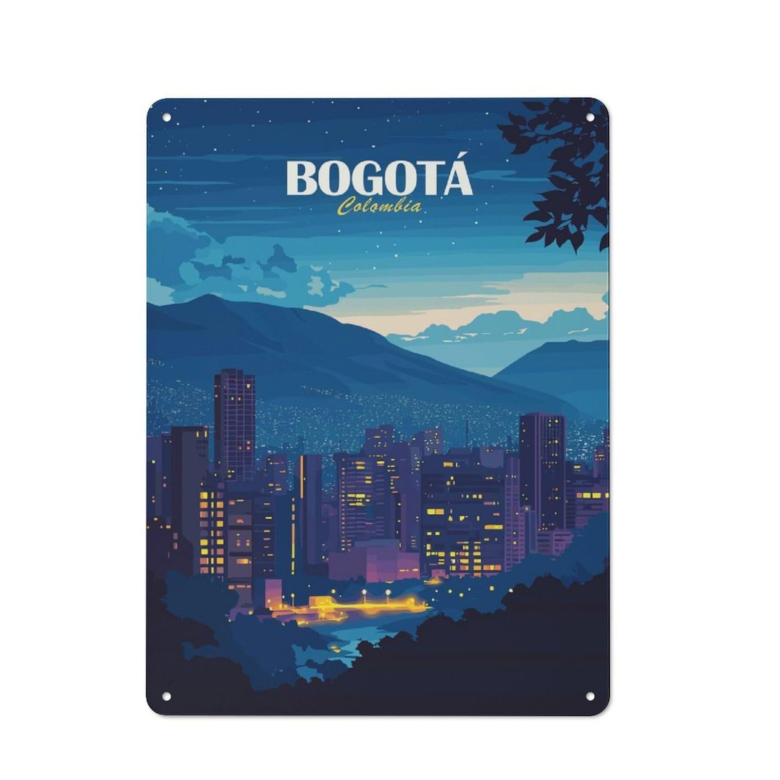 Junmoney Style-1 Tin Wall Plaque 40X30cm With Bogotá Colombia Cityscape At Night For Hobby Room Or Studio, For Kitchen, Dining Room And Home Bar Wall Decor