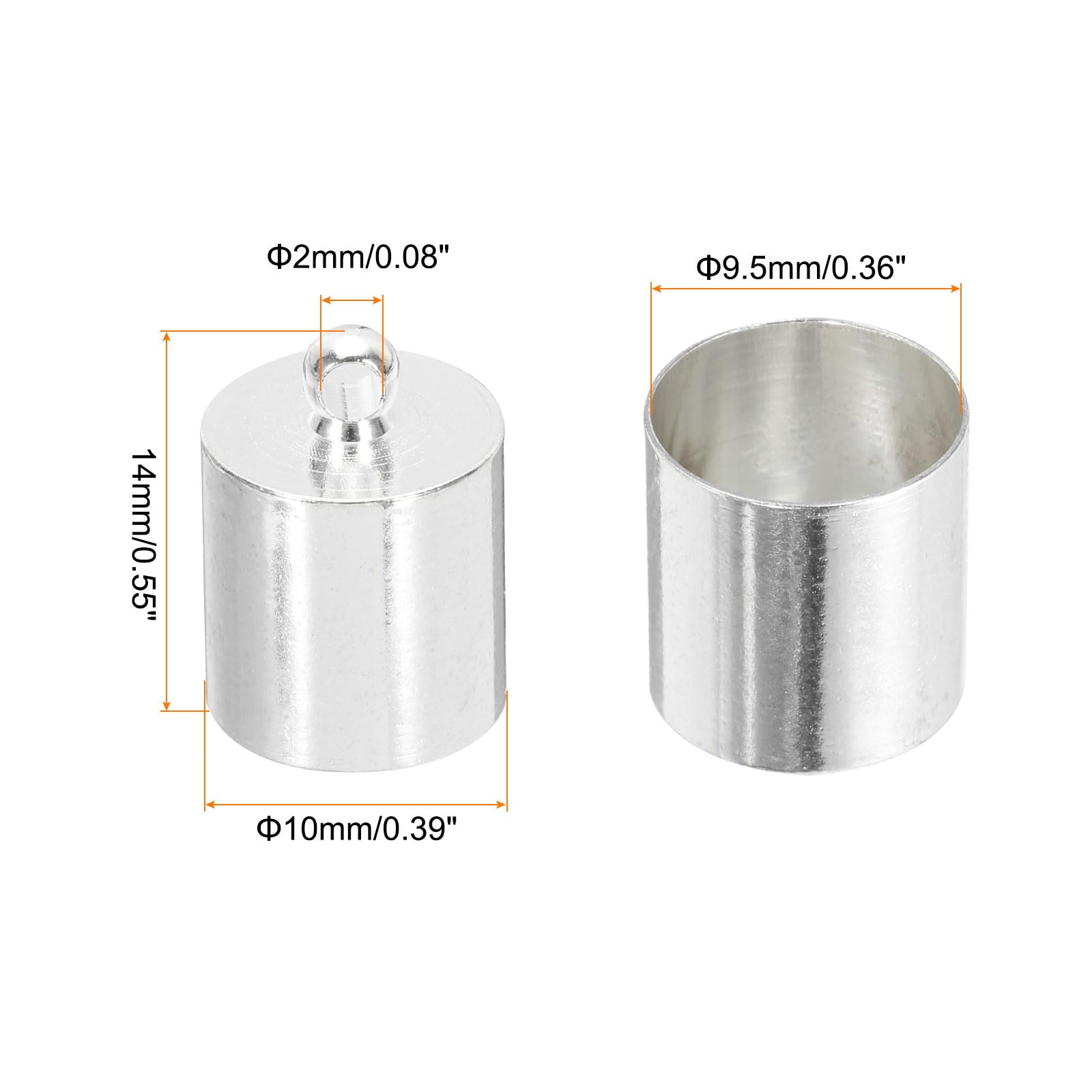 MECCANIXITY 100Pcs Cord End Caps 14mm End Cap Barrel Beads Kumihimo 10mm Dia End Caps Brass for Leather Cord, Tassels, Jewelry Making, Silver