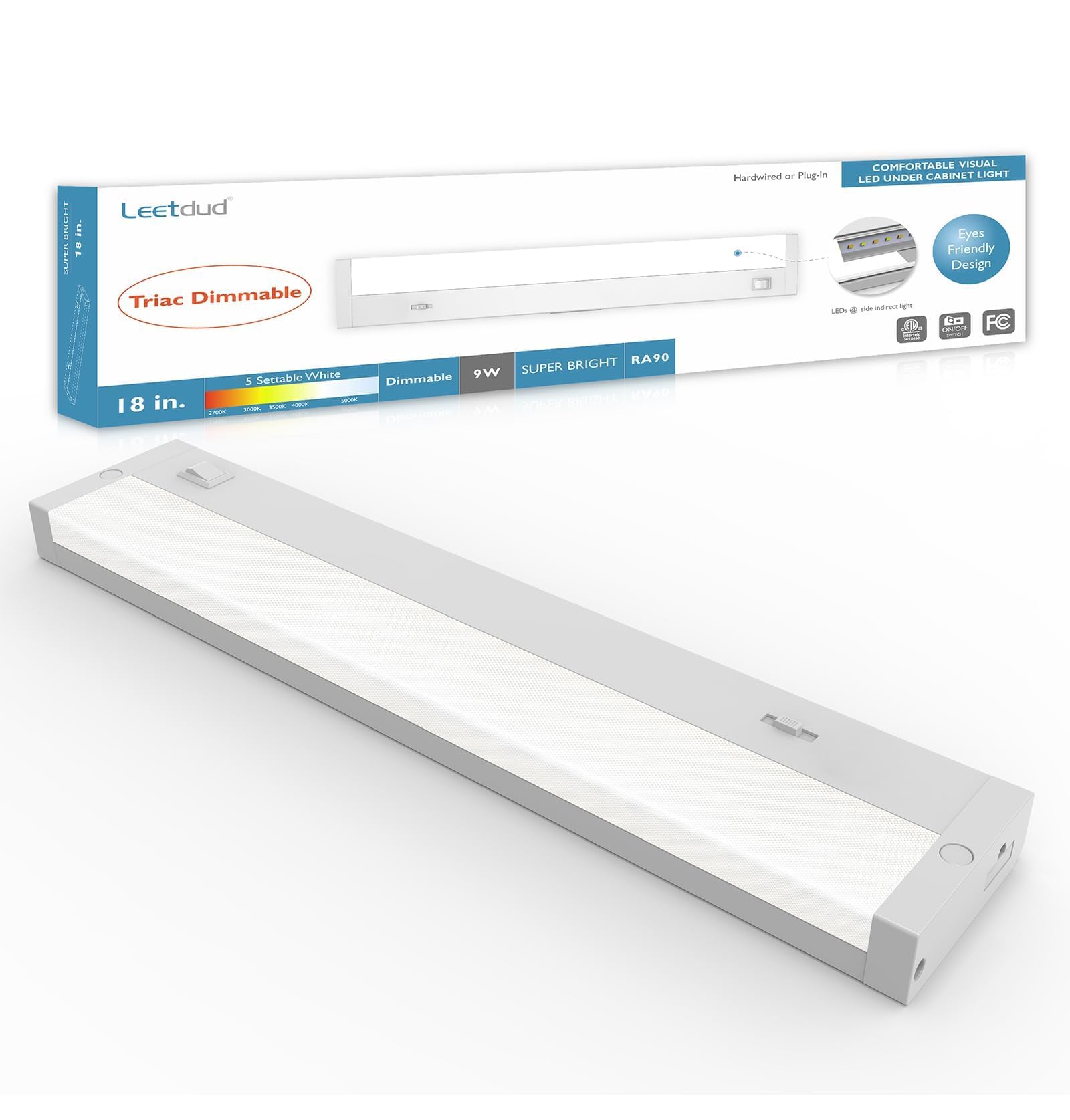 Leetdud LED Under Cabinet Lighting Hardwired or Plug in, 18 Inch 9W, Dimmable 5 Color 2700K/3000K/3500K/4000K/5000K, Linkable Eyes Care Design Counter Lights for Kitchen, Sink, ETL Listed, White