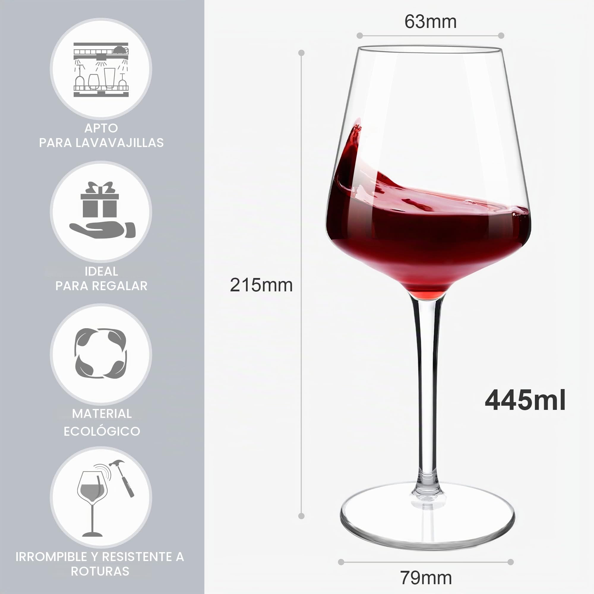 Copas de Vino Blanco Tinto de Tallo Largo Irrompibles Tritan-Plástico Juegos de Vasos de Plástico Regalo Sin Bpa Apto para lavavajillas 445 ML/15.6 OZ, juego de 6