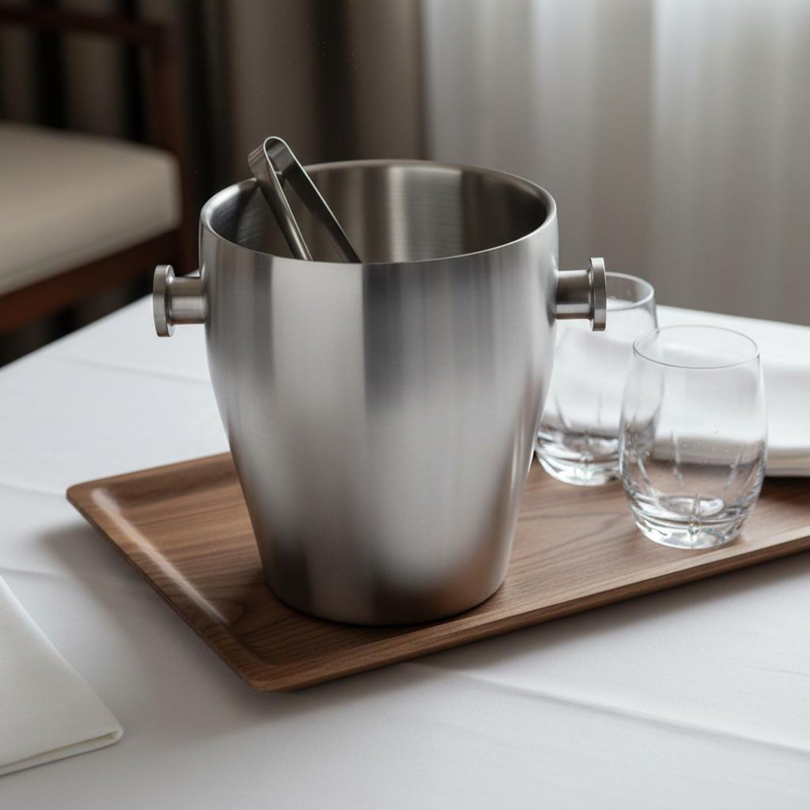 perfk Cubeta Doble Capa Acero Inoxidable Recipiente de Hielo de Botellas Contenedor Firme Adecuado para Cenas Hogares Hoteles, Cubo De Hielo con Tapa Y Pinzas, Acabado Arenado