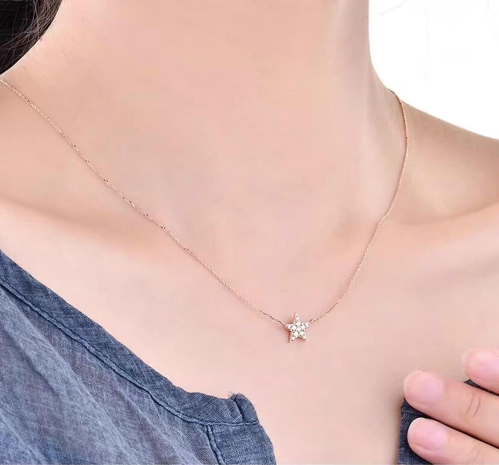 Collar largo con colgante de estrella con diamante de 0,12 quilates, oro rosa de 9/14/18 quilates, 45 cm