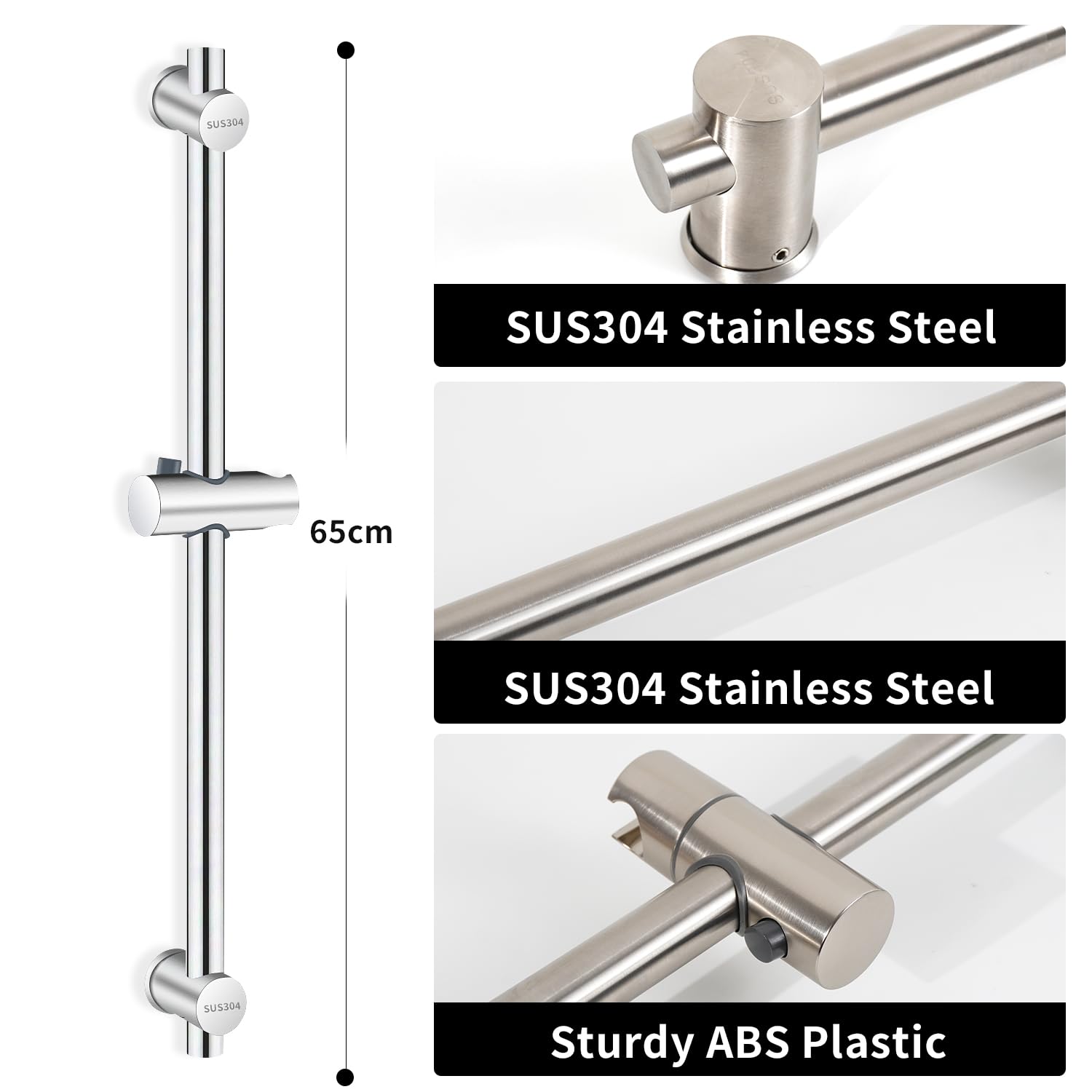 Vista Barre de douche de 66 cm en acier inoxydable SUS304 pour salle de bain - Fixation murale réglable - Argent brossé