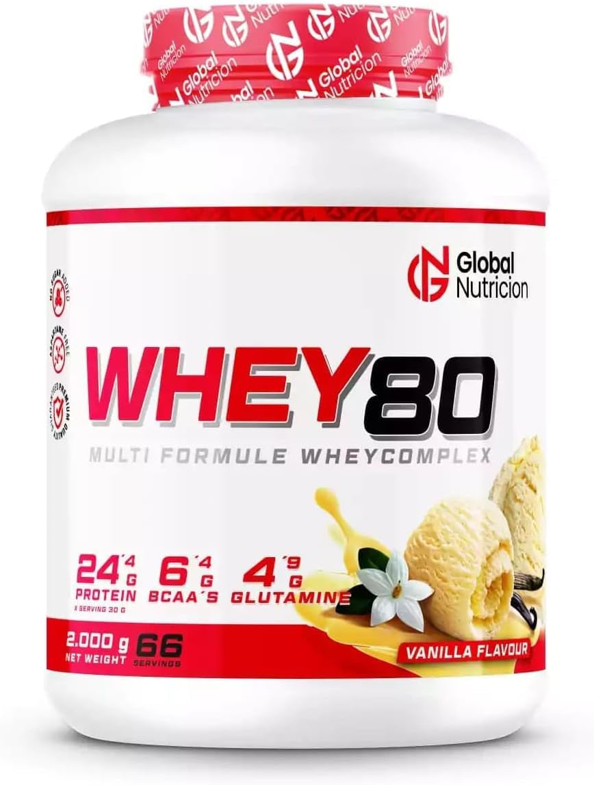 GlobalNutricion Whey 80 Proteína en Polvo de Suero de Leche 2 kg Vainilla | BCAA naturales, Bajo en grasas y azúcares, contribuye al crecimiento de la masa muscular, Mejora tus entrenamientos