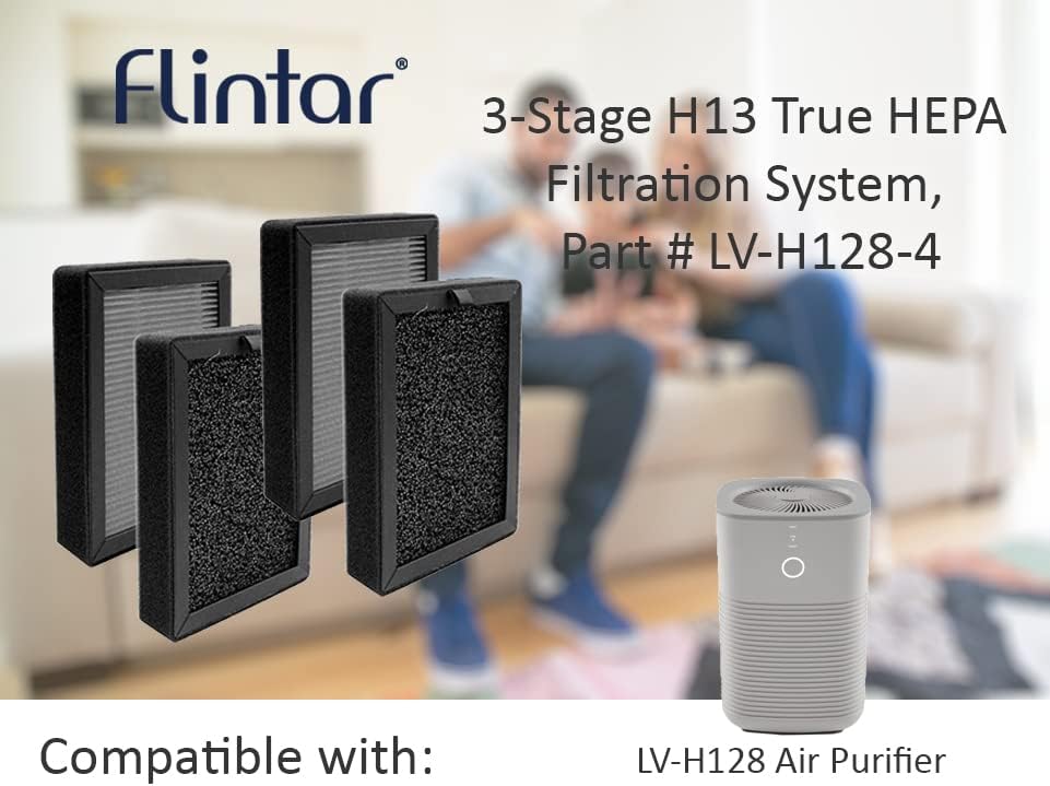 Flintar 4-Pack of LV-H128-RF True HEPA Replacement Filter, Compatible with LV-H128 Air Purifier, 3-Stage H13 True HEPA Filtration System, Part Number LV-H128-4