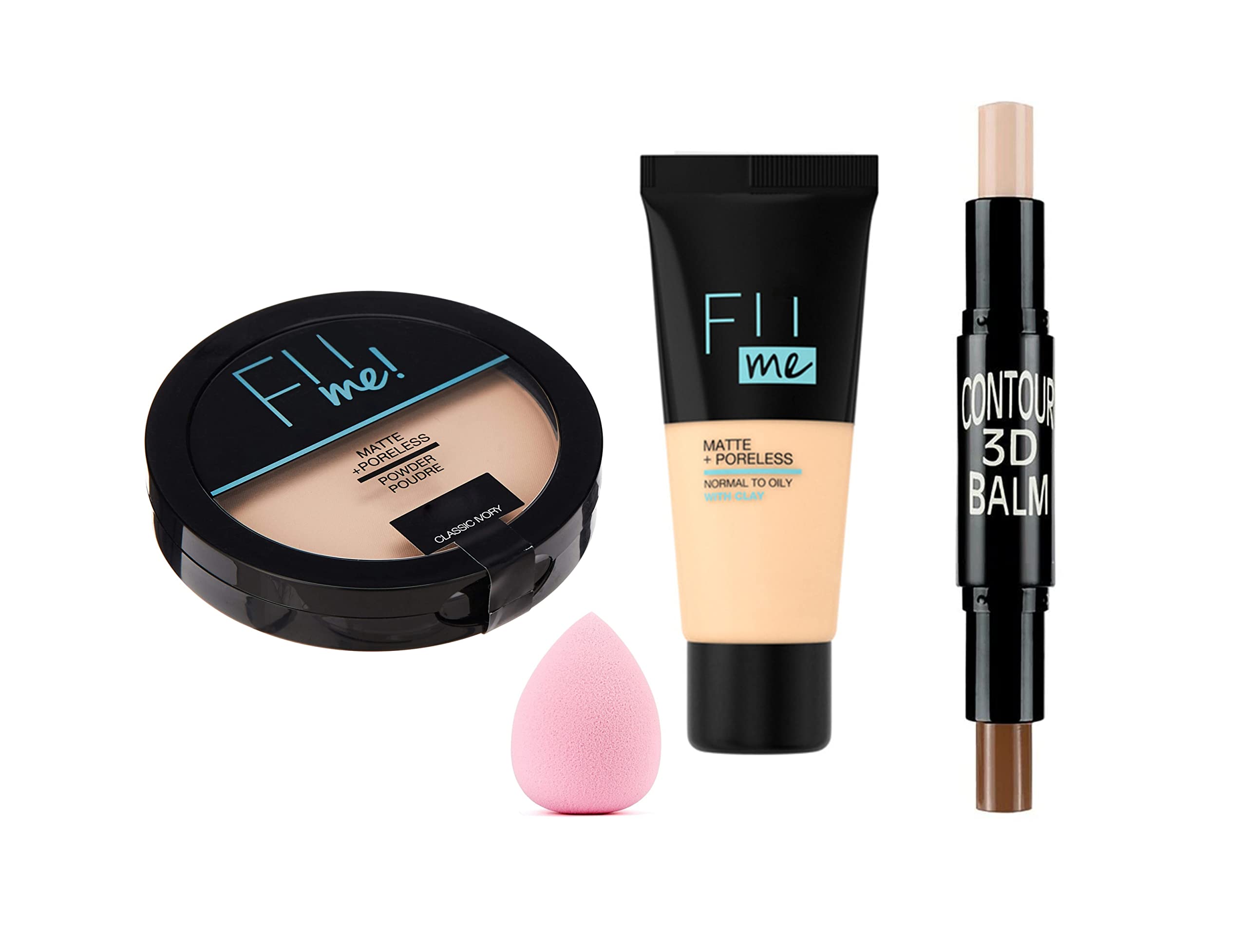 New MISS DOLL FII ME POWDER Pore-less Oil Control Compact Powder- All Day Finish Face -FII Me Matte-Pore-less Liquid Tube Foundation Natural-Highlighter and Contour Stick Highlighter Blender PuffSet-4