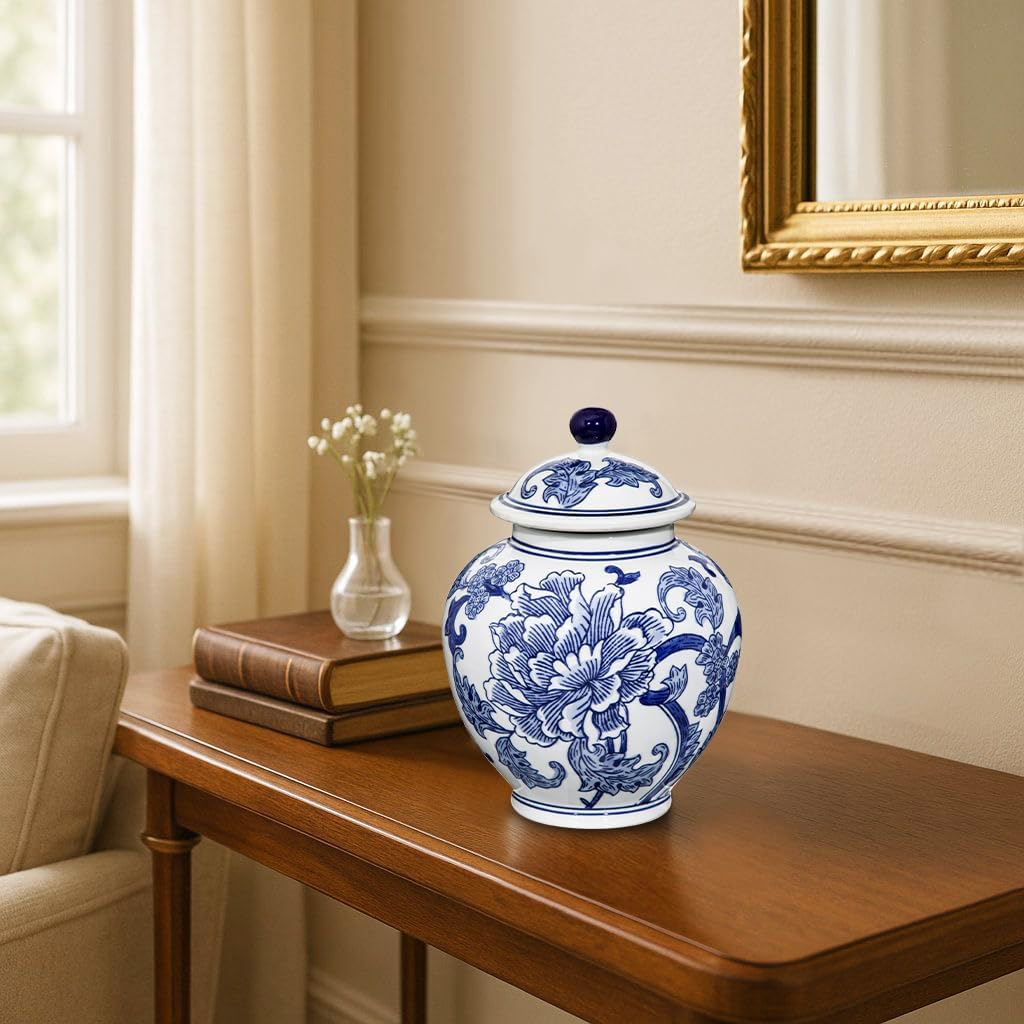 Blue and White Vase Ginger Jar - 8.7" Chinoiserie Decor Ginger Jar Blue & White Porcelain Flowers Ceramic Covered Jars with Lid Chinoiserie Decorative Vase for Home Room Office Tabletop Centerpieces