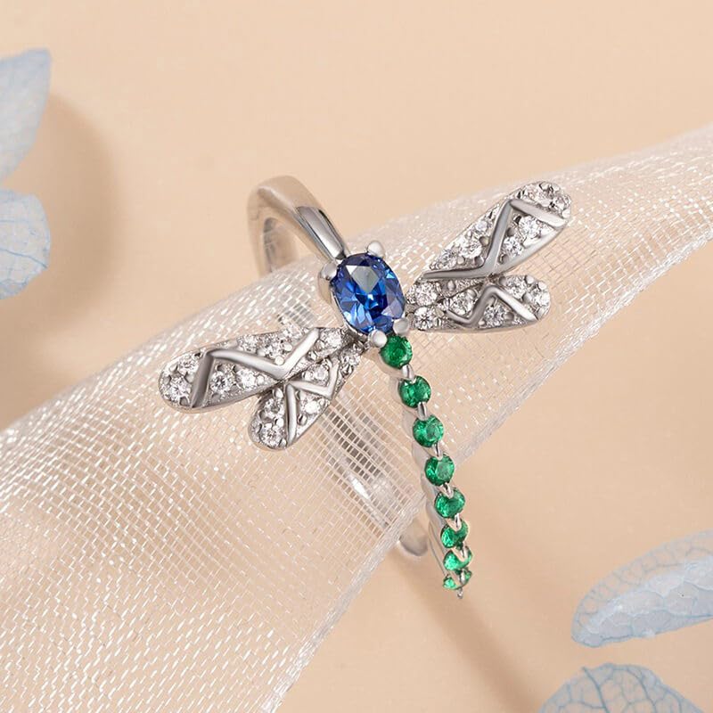 Sdouefos Emerald Zircon Dragonfly Ring S925 Sterling Silver Fashion Blue Gem Dragonfly Vintage Ring, Sparkling Dragonflies Sapphire Ring with Diamonds Fashion Jewelry Wedding Band Size 103