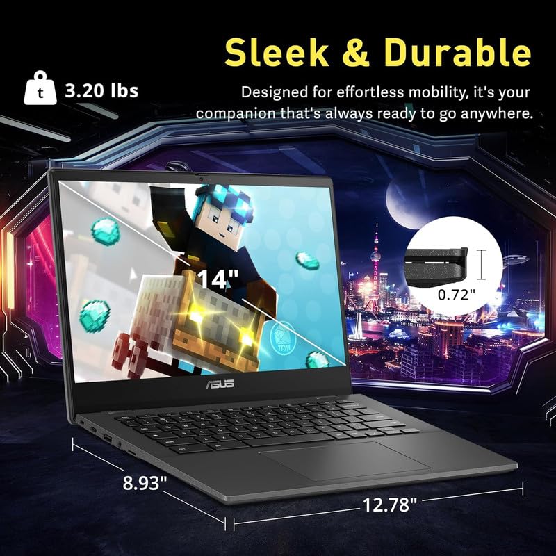 ASUS Chromebook Laptop Student Business 2024, 14" FHD Anti-Glare Display, 8-Core MediaTek Kompanio 520, 4GB RAM, 128GB (64GB eMMC+64GB Card), Webcam, WiFi, 15+ Hrs Battery, Chrome OS +HubxcelAccessory