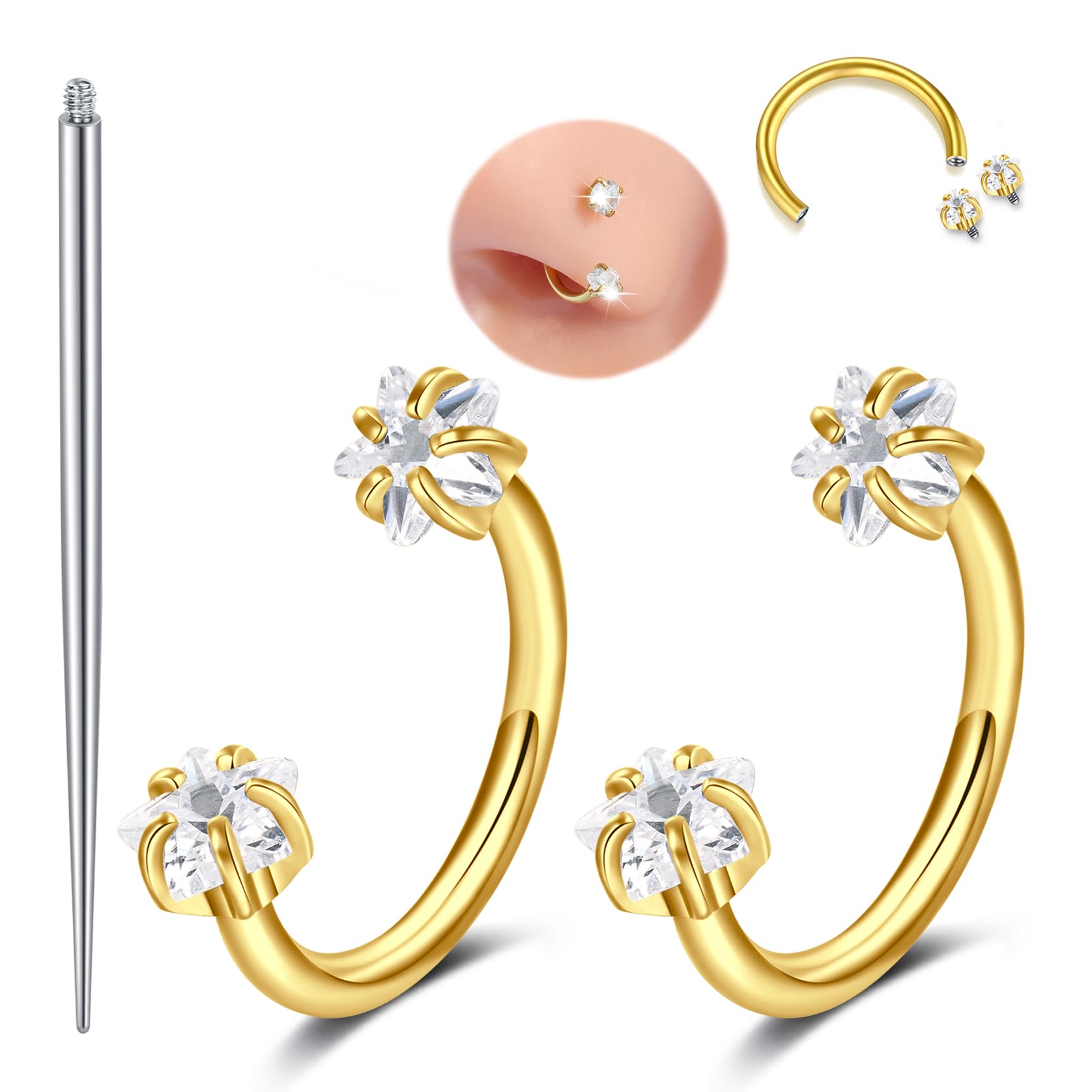 modrsa Gold Horseshoe Nose Ring 18g Horse Shoe Nose Ring Hoop for Women Surgical Steel Star Half Hoop Earring Hoops Double Gem Tragus Hoops Labret Lip Helix Piercing Jewelry Septum Rings 18 gauge 8mm-picture-12
