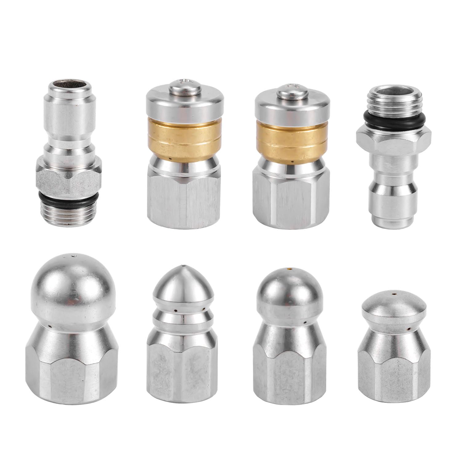 8pcs Sewer Jetter Nozzle with 1/4" & 3/8" NPT Quick Connectors, Jetter Nozzle for Pressure Washer Drain Jet Hose Stainless Steel Sewer Jet Nozzle Cleaning Tool Spray Nozzle Tips Kit 5000 PSI