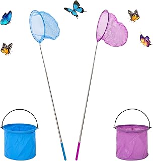 Telescopic Fishing Butterfly Nets,2 Pcs Telescopic Foldable Butterfly Bugs Insects Birds Nets with 2 Pcs Folding Water Bucket,for Child and Adult Fishing Pool Beach Outdoor Playing
