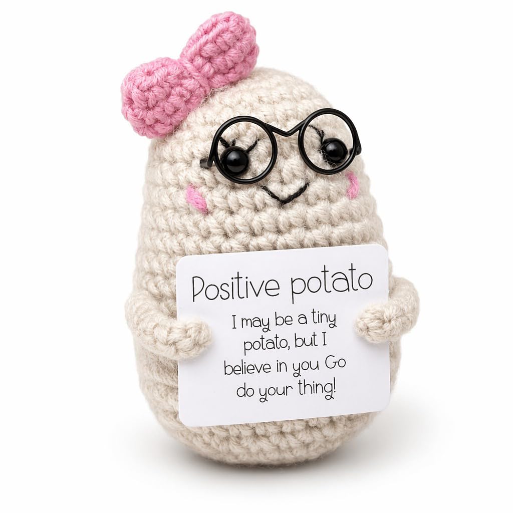 SWJing Crochet Positive Potato Keepsake with Encouragement Card, Handmade Knitted Potato Ornament with Bow and Glasses, Desk Decor Gift for Friends and Coworkers, Inspirational Decorative Accent
