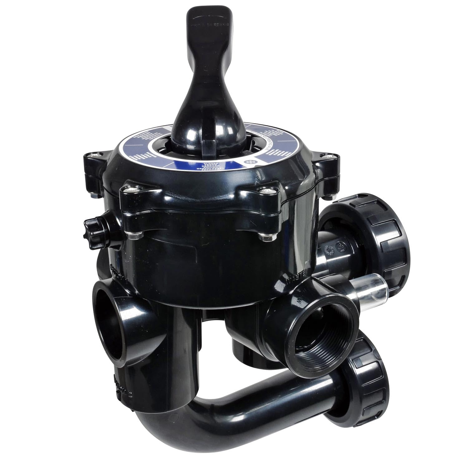 Astral Pool 1 1/2'' Side Mount 6-Wege Ventil schwarz - Mit Anschlussverrohrung und Schauglas - ABS Gehäuse mit PPO Verteiler und EPDM Dichtungen - Für Sandfilteranlagen