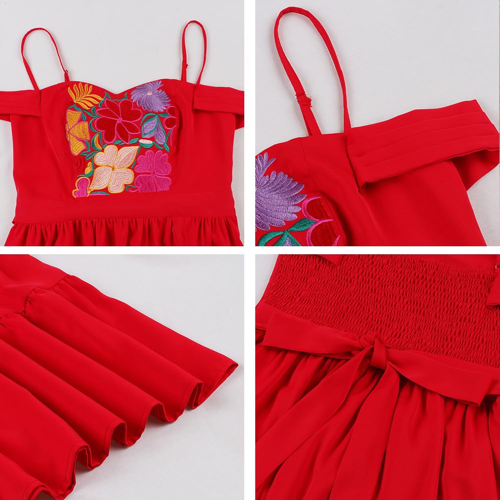 IDOPIP Robe Mexicaine Femme Traditionnelle, Folklorique Cinco de Mayo d'été Longue Épaules Dénudées Broderie Maxi Florale Volants Fente Maxi pour Festival Bohème Vacances Plage