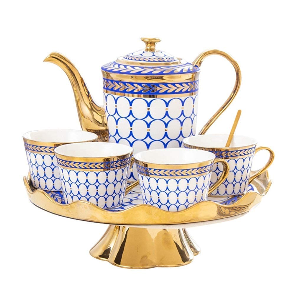 Juego de Tazas de té y café de cerámica con diseño Enrejado y Detalles Dorados. Incluye 6 Tazas de té con Bandeja giratoria (Juego de 14 Tazas Azules).