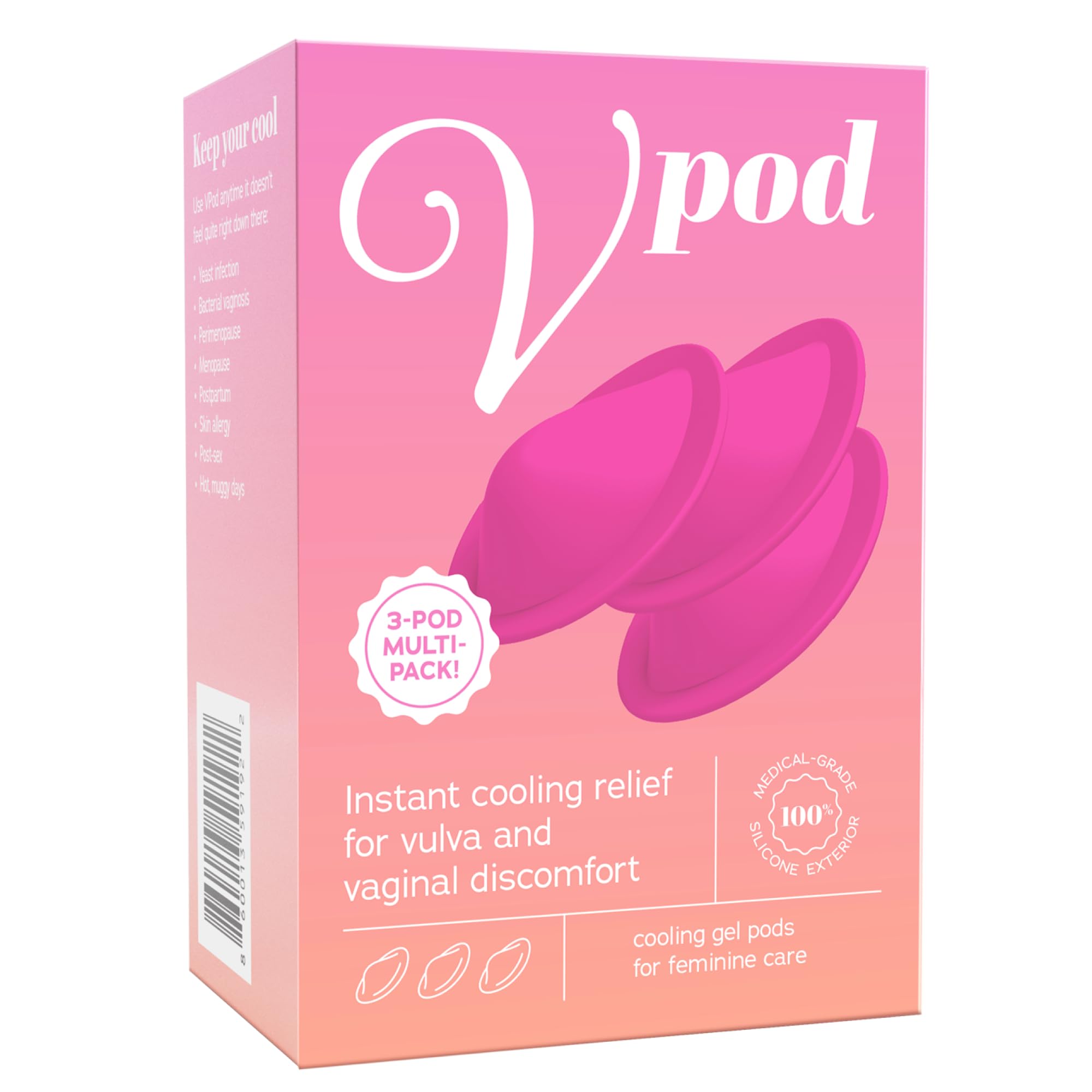 Gel refrescante femenino VPod para molestias en la vulva: alivia la picazón, el ardor, la hinchazón, la sequedad, la candidiasis vaginal, la vaginosis bacteriana, la menopausia y la irritación. Hipoalergénico, sin olor. Paquete múltiple de 113 g.
