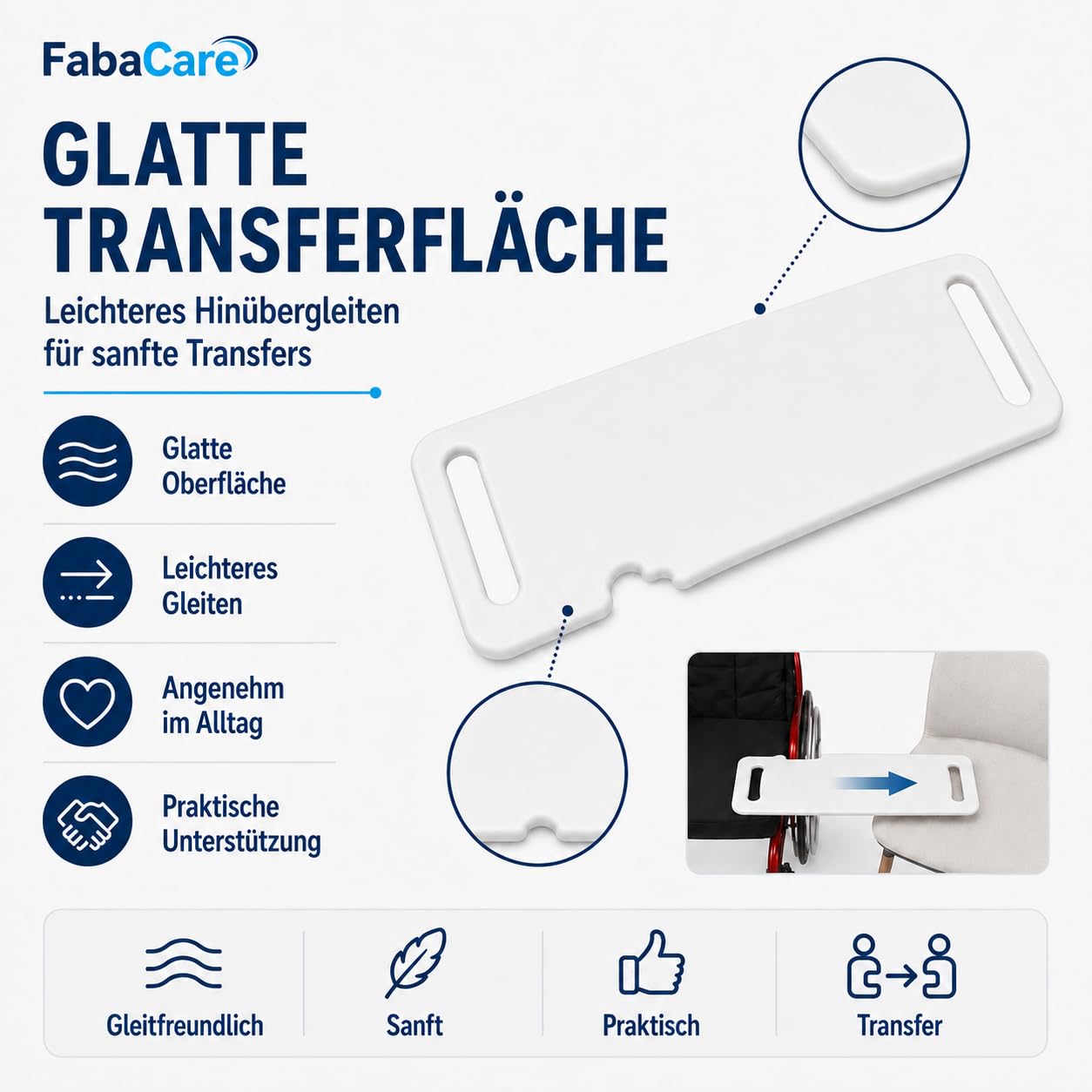 FabaCare Rutschbrett für Rollstühle EasyTransfer – Transferhilfe mit Aussparung für Reifen & Greifreifen, Rollstuhlbrett mit Grifföffnungen, Umsetzhilfe für Rollstuhl, Bett & Stuhl, 70 x 23 cm