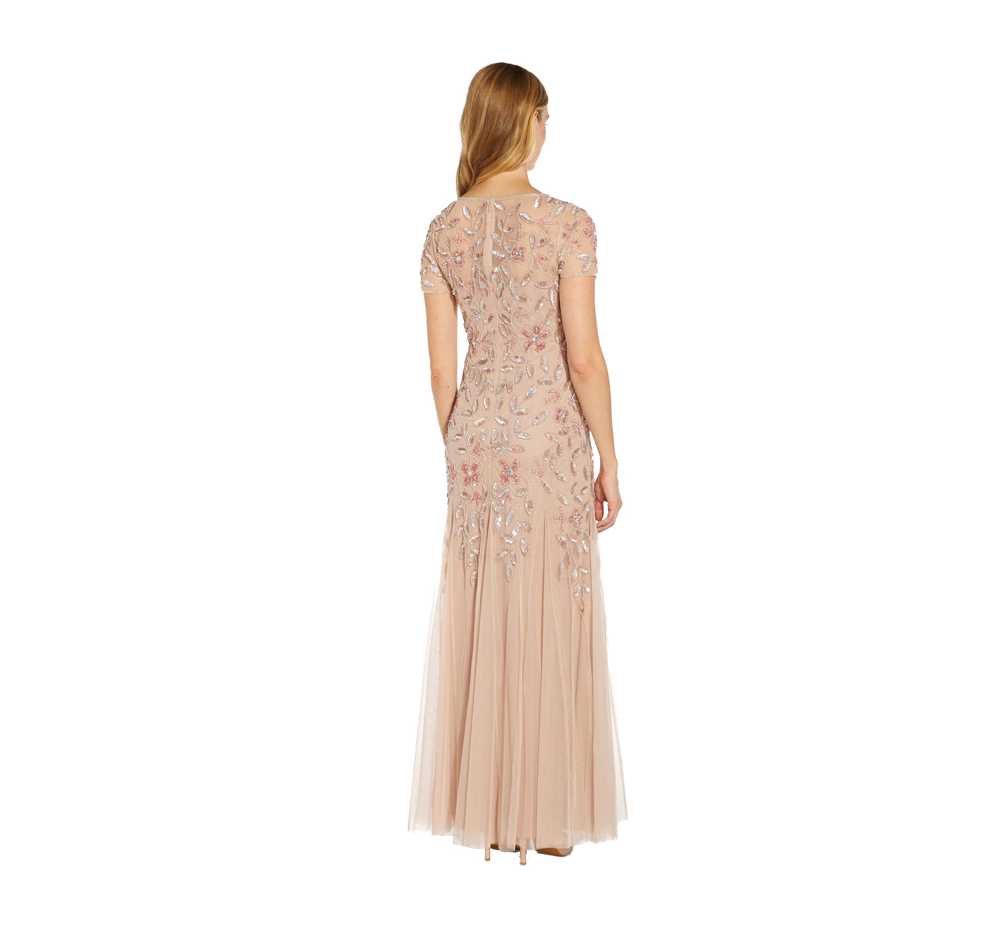 Adrianna Papell Floral Beaded Godet - Vestido de Manga Corta para Mujer