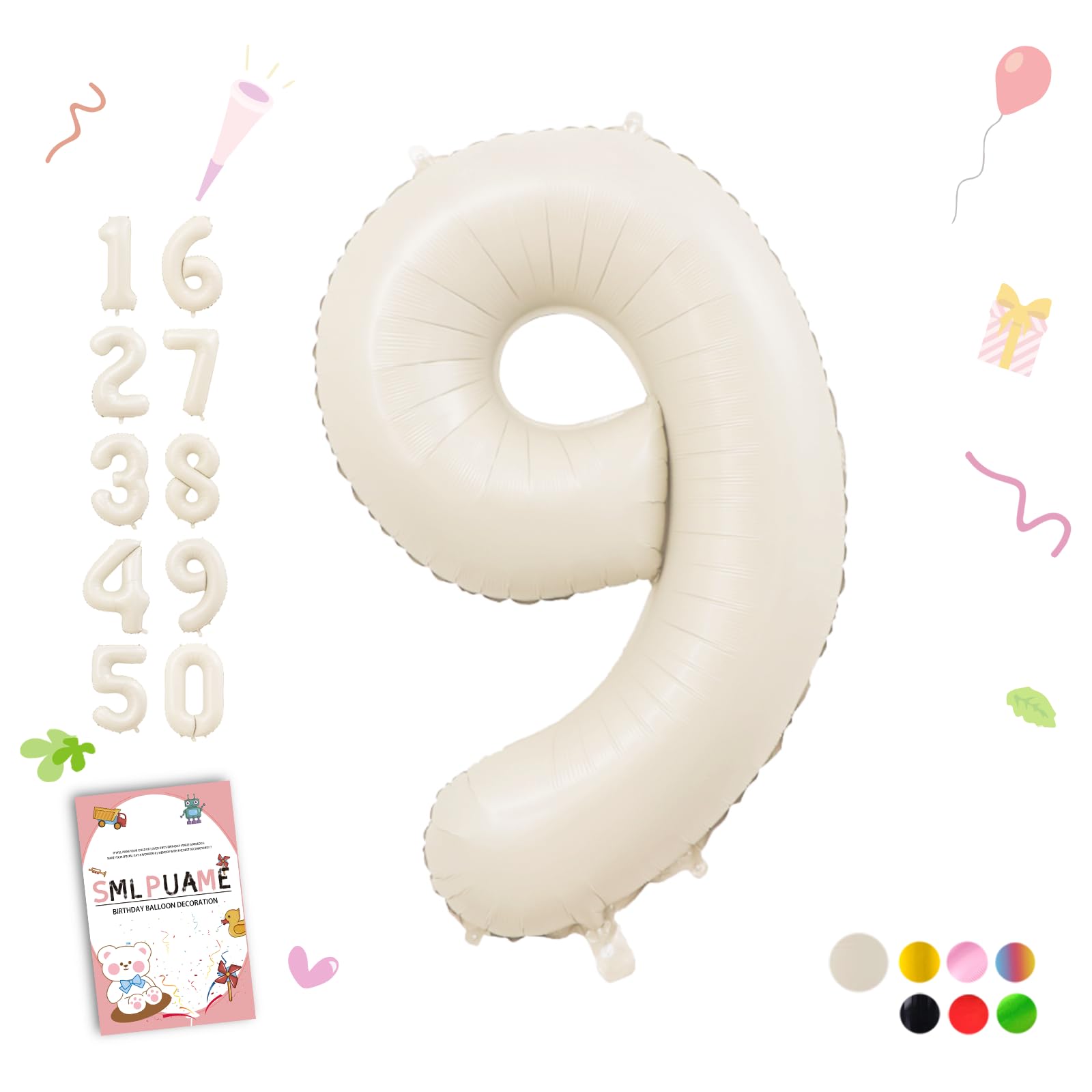 Smlpuame 40 Inch Beige Number 9 Balloons for 9th Birthday Decorations Boys Girl, Giant Self-Sealing Cream Foil Number 0-10 White Sand Balloon for Women Men Party Anniversary Baby Shower Supplies