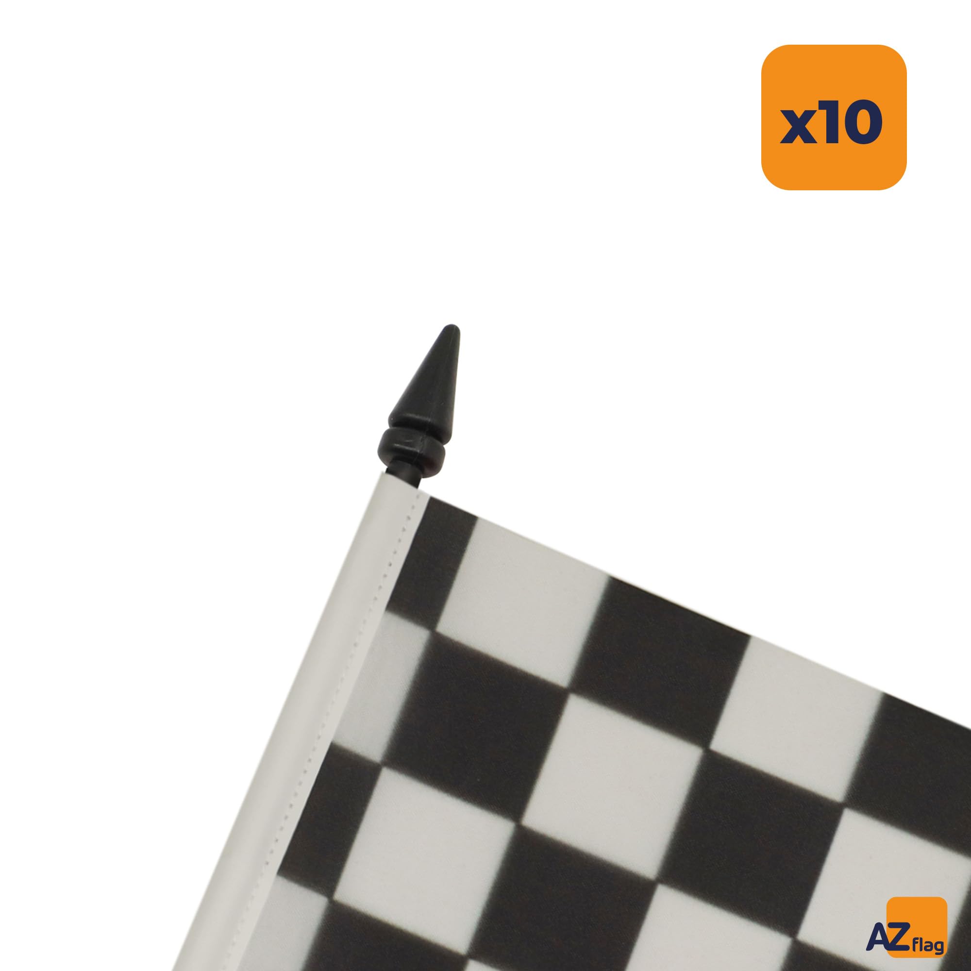 AZ FLAG Lot de 10 Drapeaux de Table Damier noir et blanc 21x14 cm | Usage intérieur Drapeau de bureau à damiers finition cousue et bords renforcés avec mât en plastique et socle en plastique