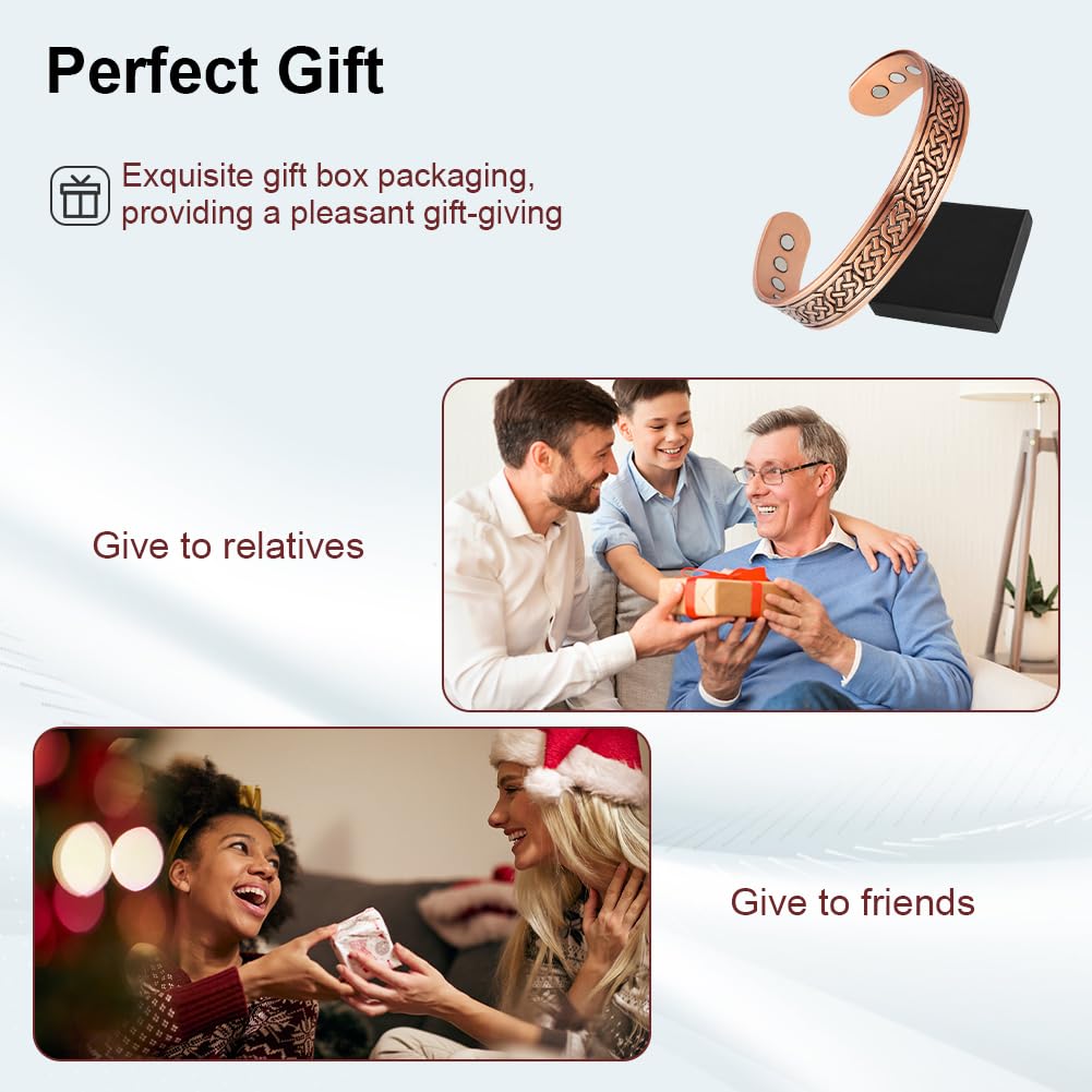 OFFCUP Pulsera Magnética de Cobre, Pulseras Magnéticas para Mujeres y Hombres, Cobre puro Sólido Pulseras con 12 Potentes Imanes Brazaletes de Tamaño Ajustable con Paño de Joyería y Joyero