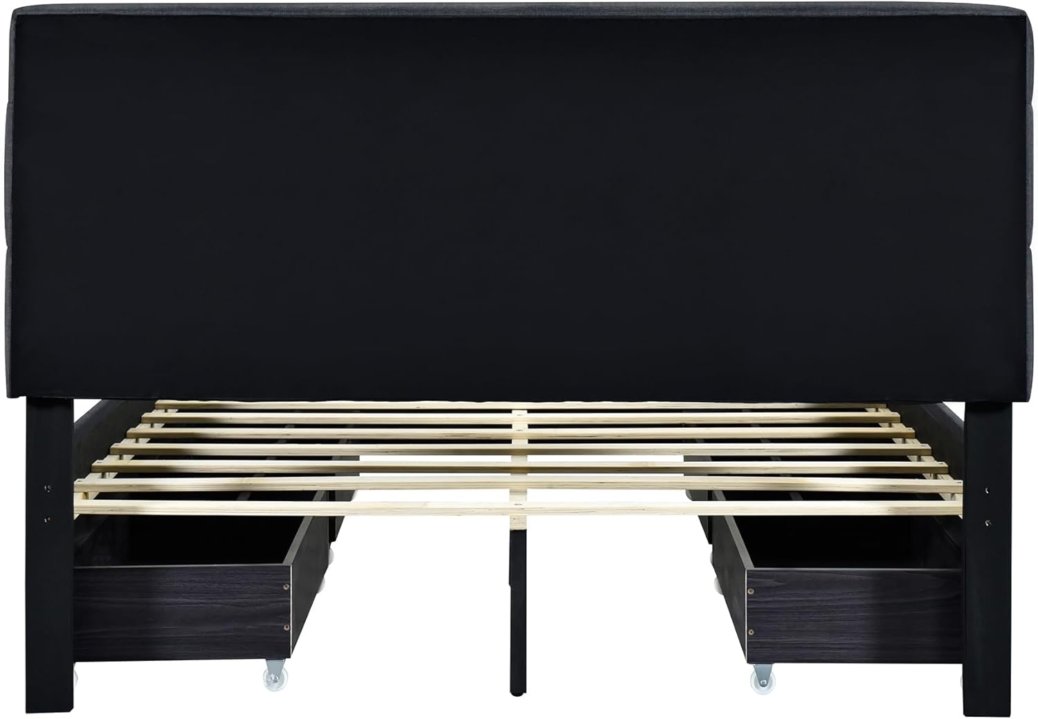 クイーンサイズの布張りプラットフォームベッド、引き出し2つ付き、リネン生地の布張りプラットフォームベッド、木製スラットサポート付き、