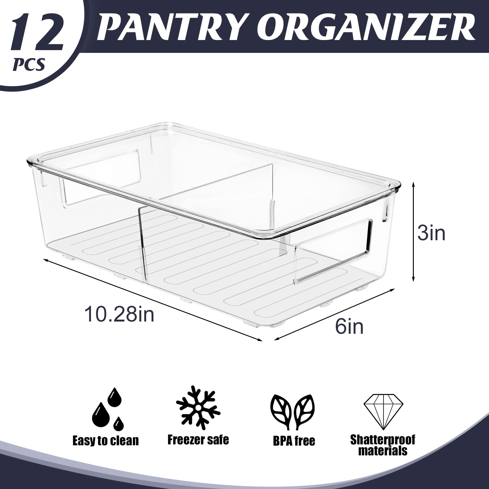 ESARORA Plastic Storage Bin with Lid and Divider, Clear Shallow Pantry Organizer with Handle for Fridge, Cabinet, Kitchen, Bedroom, Closet, Bathroom, Office, Pantry Organization, 12 Pack 10.28 inch