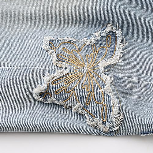 Girls Ripped Jeans Cute Butterflies Elastic Waist Baggy Wide Leg Relaxed Fit Floor Length Denim Pants4