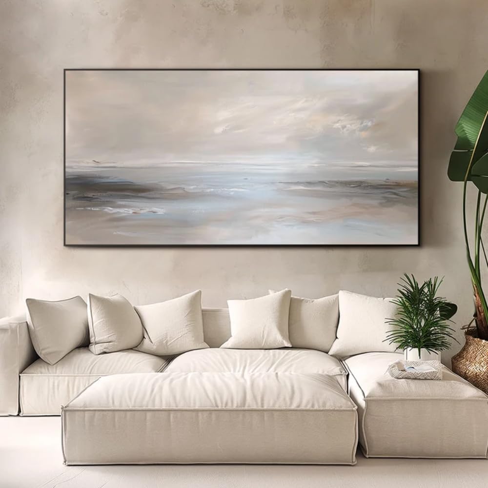 UUDEZO Oil Painting Abstract Wall Art - Scandinavian Wabi-Sabi Style Ocean Landscape for Modern Living Room Decor(65x130cm/(25x51inch)/with Frame)