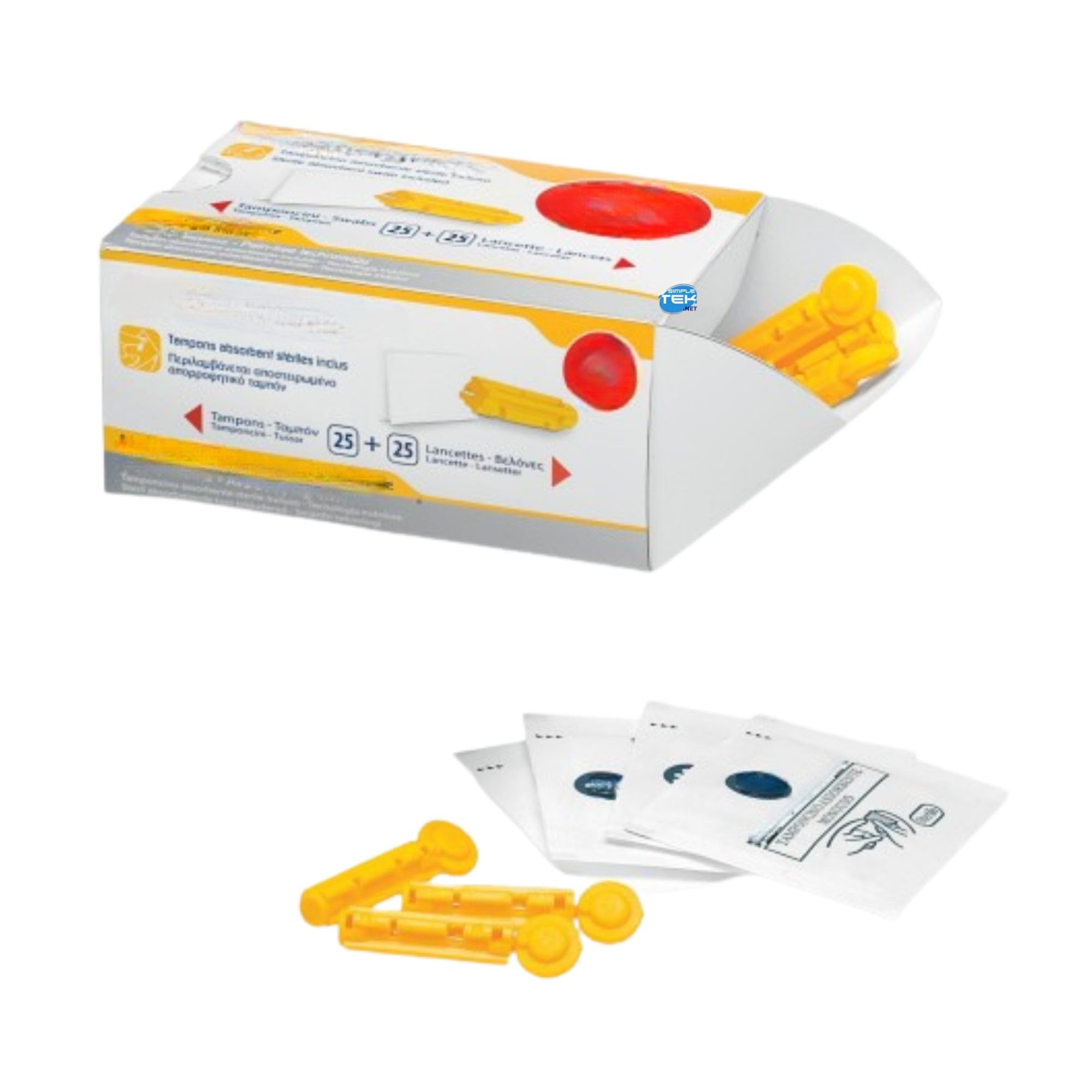 SIMPLETEK - 10 Confezioni di Lancette Pungidito Sterili e Tamponcini assorbenti per Glicemia | Kit completo G33, pronto all'uso (25 Pezzi per Confezione)