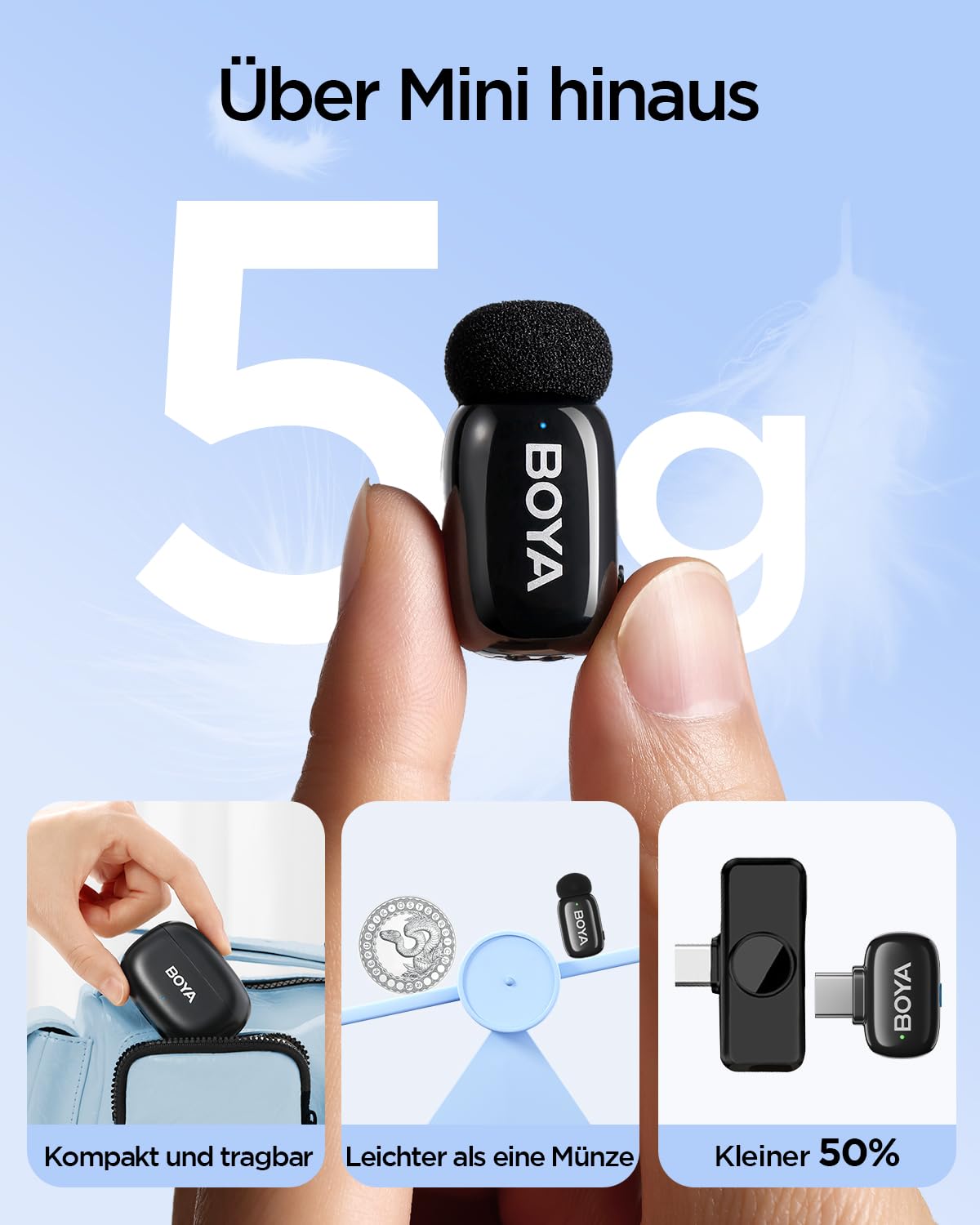 BOYA Mini 2 Mikrofon Handy, Wireless Lavalier Mikrofon für iPhone15/16/17 & Android USB-C, Ansteckmikrofone mit 48kHz/24Bit, App-Steuerung für Vlogging, TikTok Content Creator