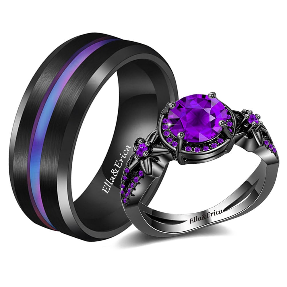 AKEL DOAPPersonalized Couples Rings for Him and Her set Promise Rings for Couples Stainless Steel Matching Wedding Rings for Couples Set Tungsten Rings for Men Purple Cubic Zirconia Engagement Ring for Women,Size 5-13