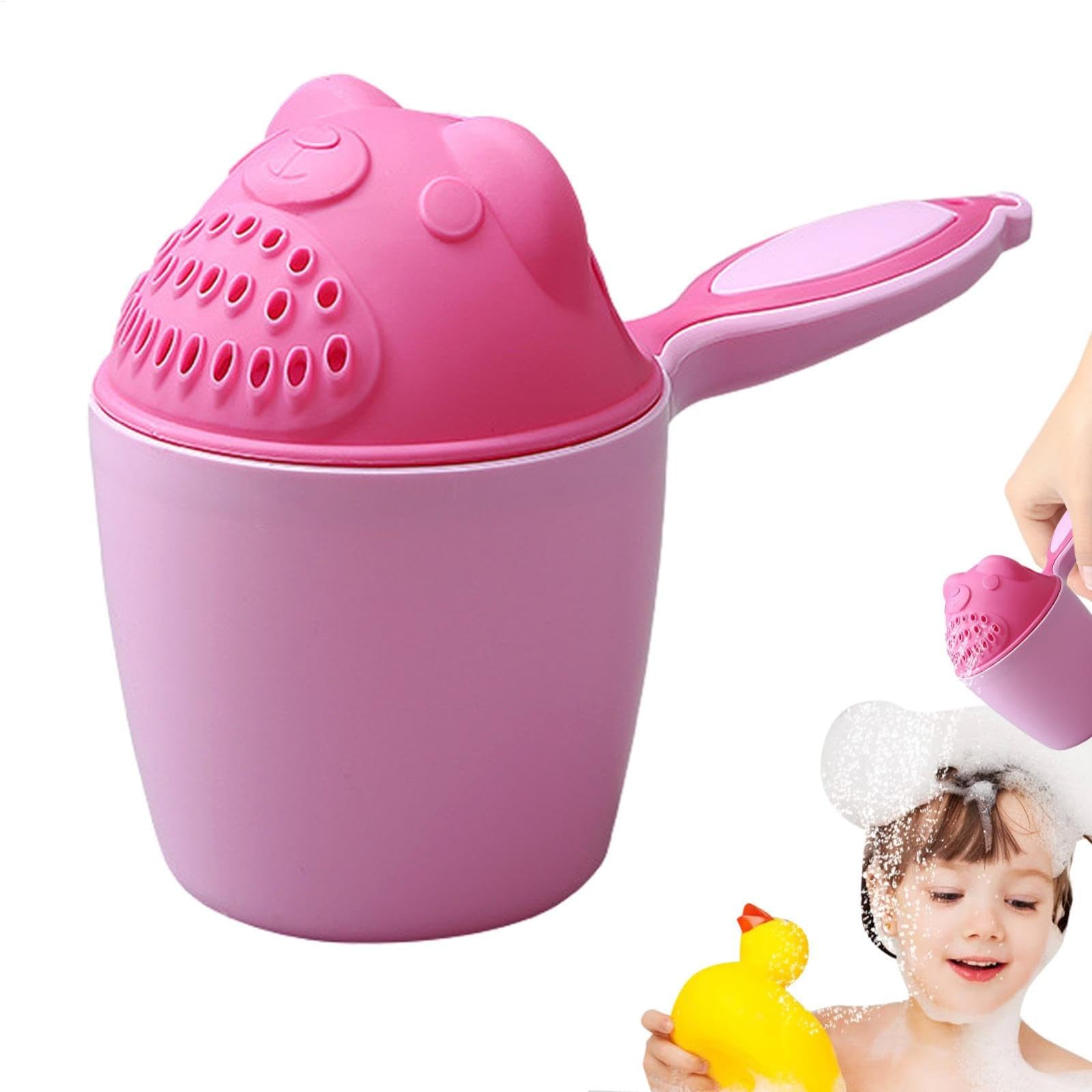 Bath Rinser For Babies,Gentle Shower Rinser with Strainer,Anti-Splash Design,Thickened Cartoon Rinsing Cup For Kids Girl Boy,for Baby Bath Time,Toddler Hair Washing & Outdoor Water Play (Pink)