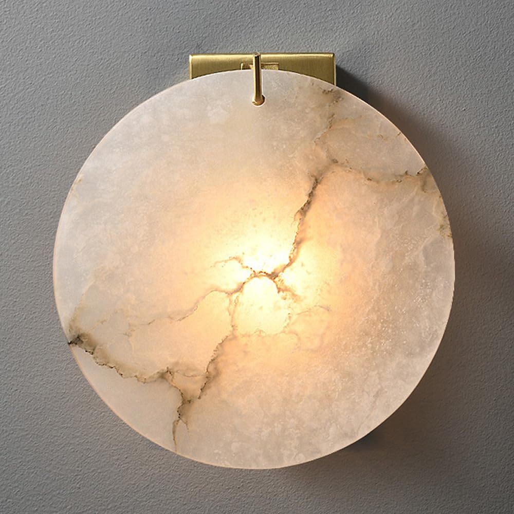 Trividha Gold/Light Alabaster Sconce Round Marble Wall Lamp Brass Base Wall Mount E14 Base Stone Wall Modern Design Decor Marble Sconce Lighting For Living Room Bedroom Bathroom Hallway