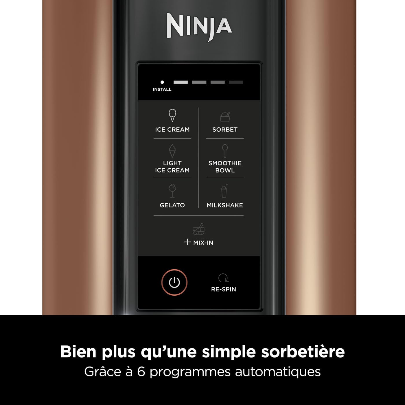 Ninja Creami Machine a glace et Sorbetière, 7 programmes, 3 pots avec couvercle, Livre de recette, Pièces Amovibles Lavables au Lave-Vaisselle, Noir/Cuivre NC300EUCP