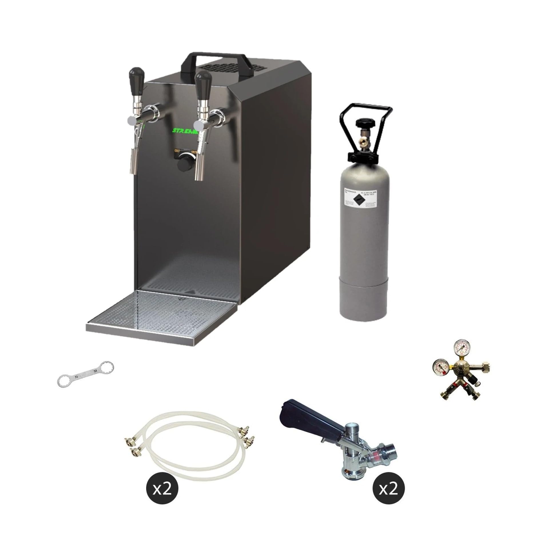 Erogatore Birra Stream 50 Set Completo 2 Linee, raffreddatore a Flusso Fino a 55 l/h, Acciaio Inossidabile, Keg Type D, Keg 2 Type A