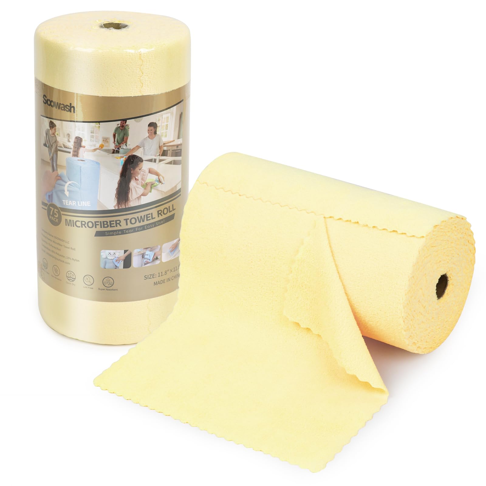 Microfiber Cleaning Cloths Roll 75 Pack 11.8" x 11.8" Reusable Paper Towels Washable Lint Free Quick Dry Ultra Absorbent Scratch Free Tear Away Towels Reusable Rags Kitchens Home Car (Yellow)Compact by Design (Amazon-developed Certification)