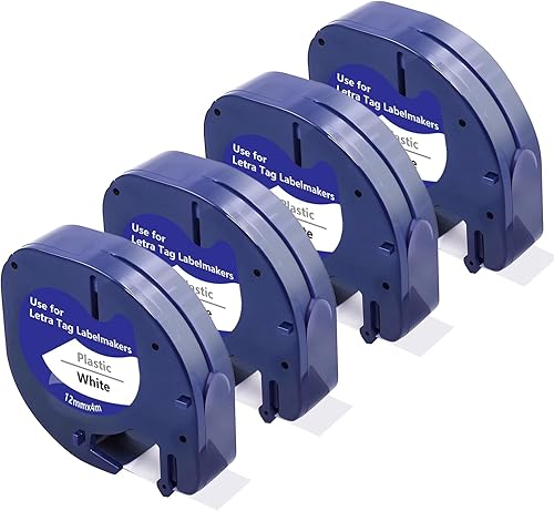 Paquete de 4 cintas para etiquetadoras compatibles con DYMO LetraTag 91331, cinta de etiquetas de plástico blanco, negro sobre blanco, 1/2 pulgadas