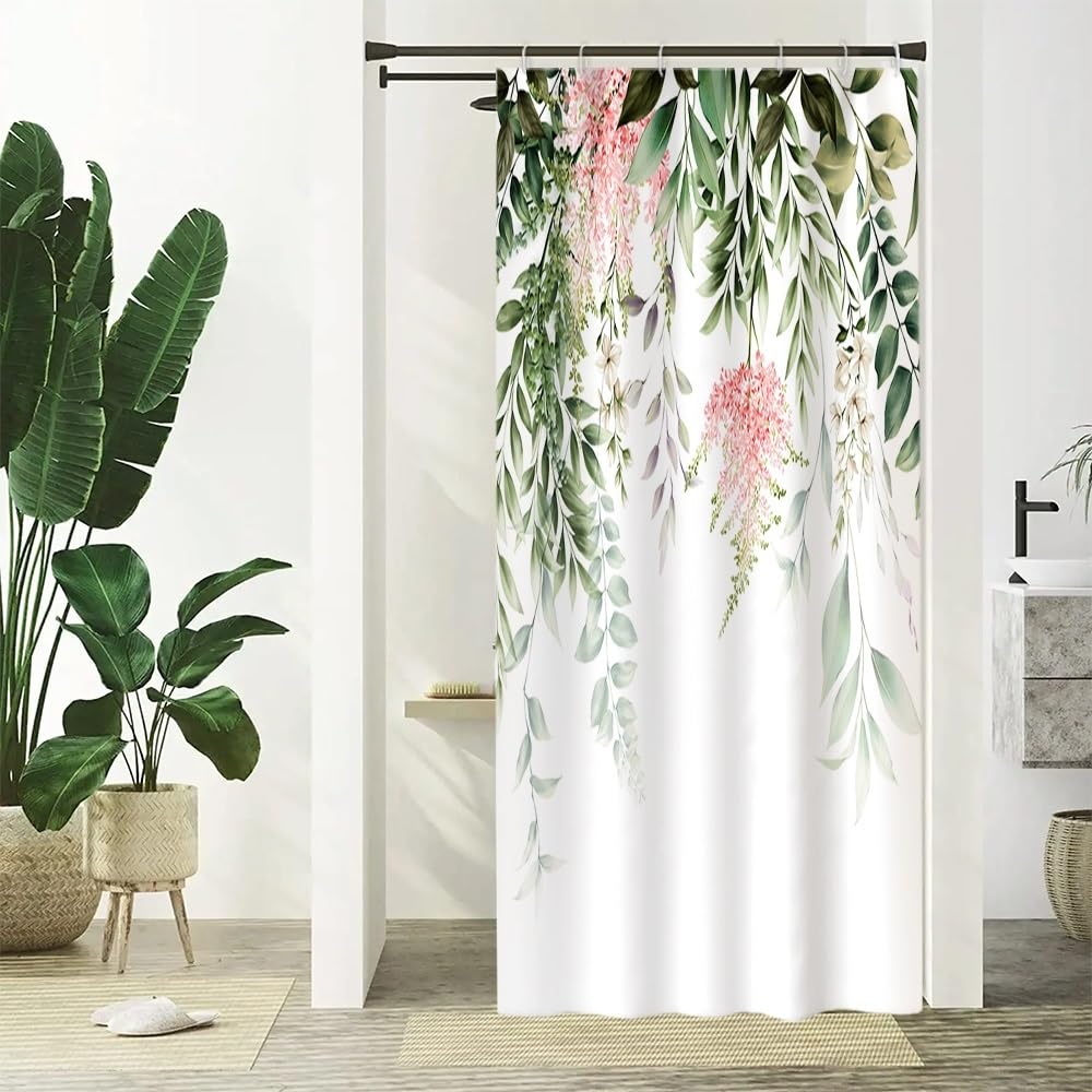 Uiiooazy Cortina de ducha con hojas verdes, cortina de ducha verde salvia eucalipto rosa flores cortina de ducha antimoho impermeable tela de poliéster lavable con 6 ganchos para baño 90 x 180 cm