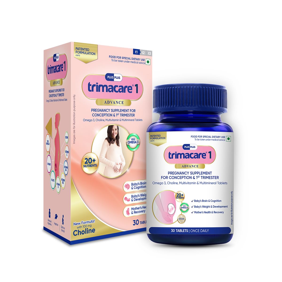 TRIMACARE™ 1 Advance |1st Trimester | Pregnancy Multivitamin with Folic Acid, DHA & Iron | New Formula with Choline | 20+ essential nutrients (Pack of 1) |