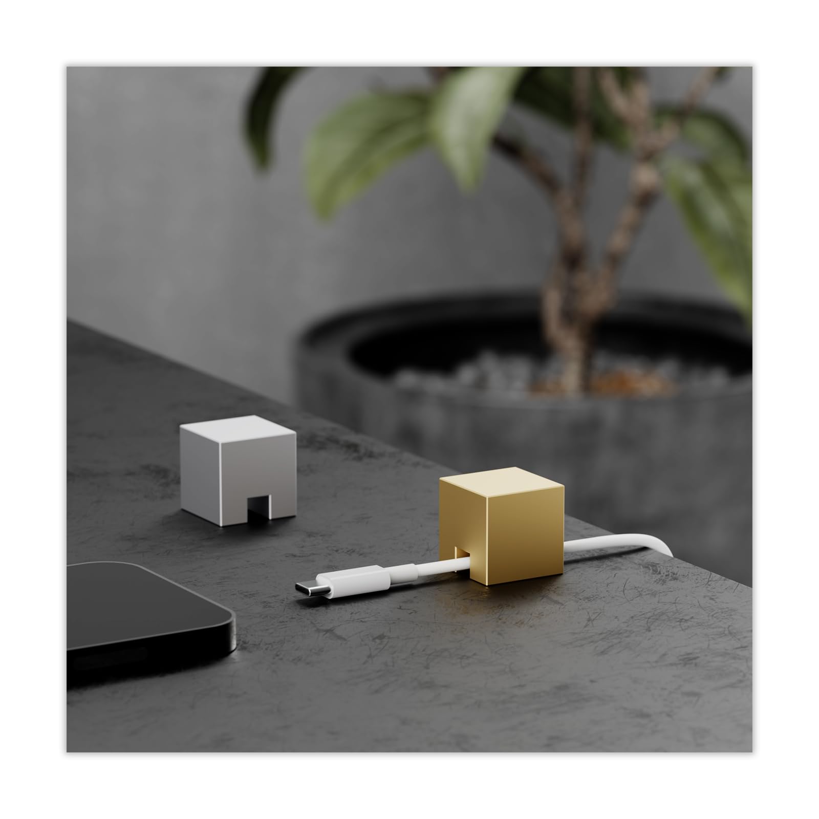 (2 PCS - Gold & Silver) Metal Cable Holder, Weighted Cord Organiser or Management, Heavy Wire Keeper for Bedside Table, Nightstand, Desk - N2U Cube Cables Strap for USB-C, Lightning Charger Cords