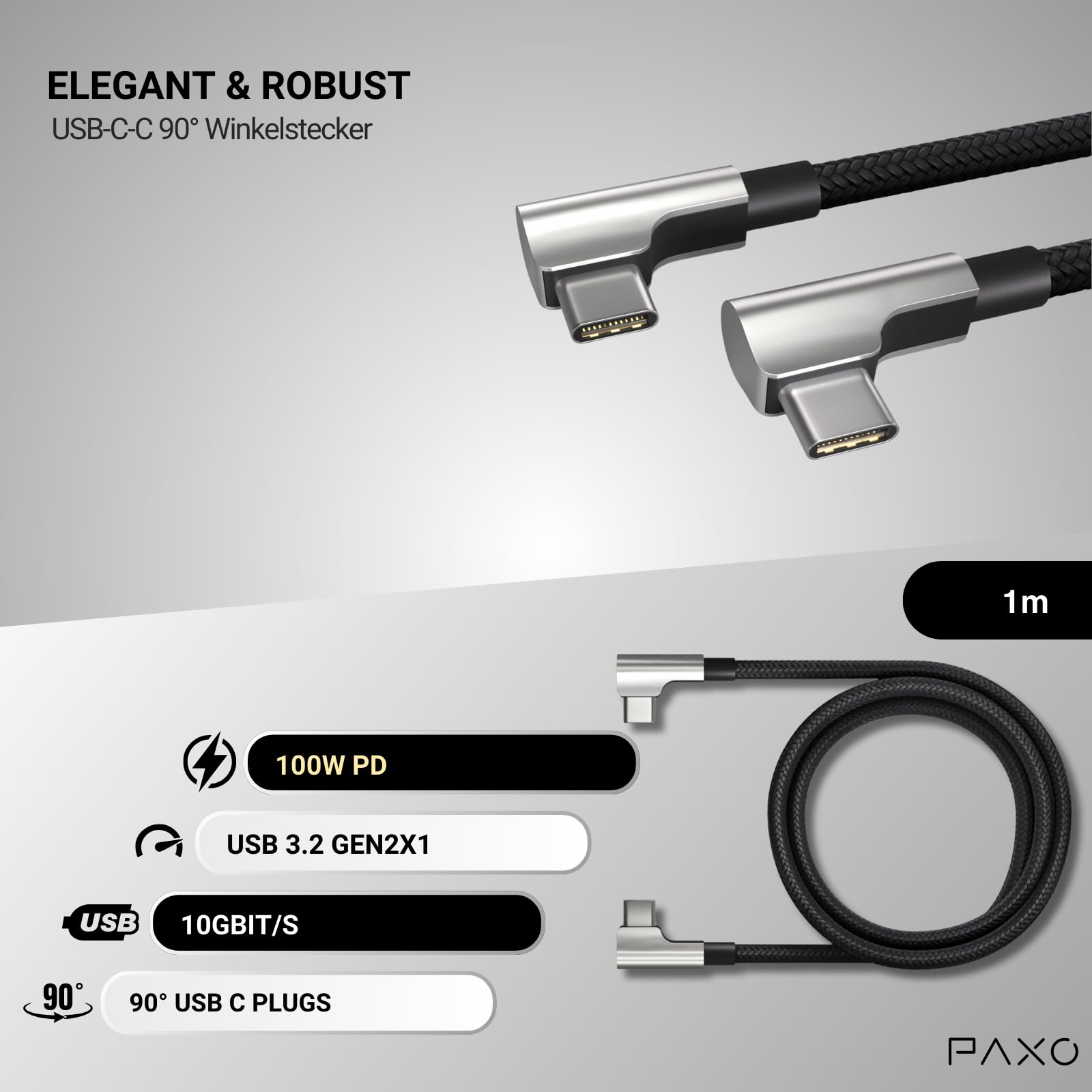 PAXO USB-C Auf USB-C Kabel 1m – 100W PD 3.0, 10 Gbps Daten, 90° Winkelstecker, Schwarz