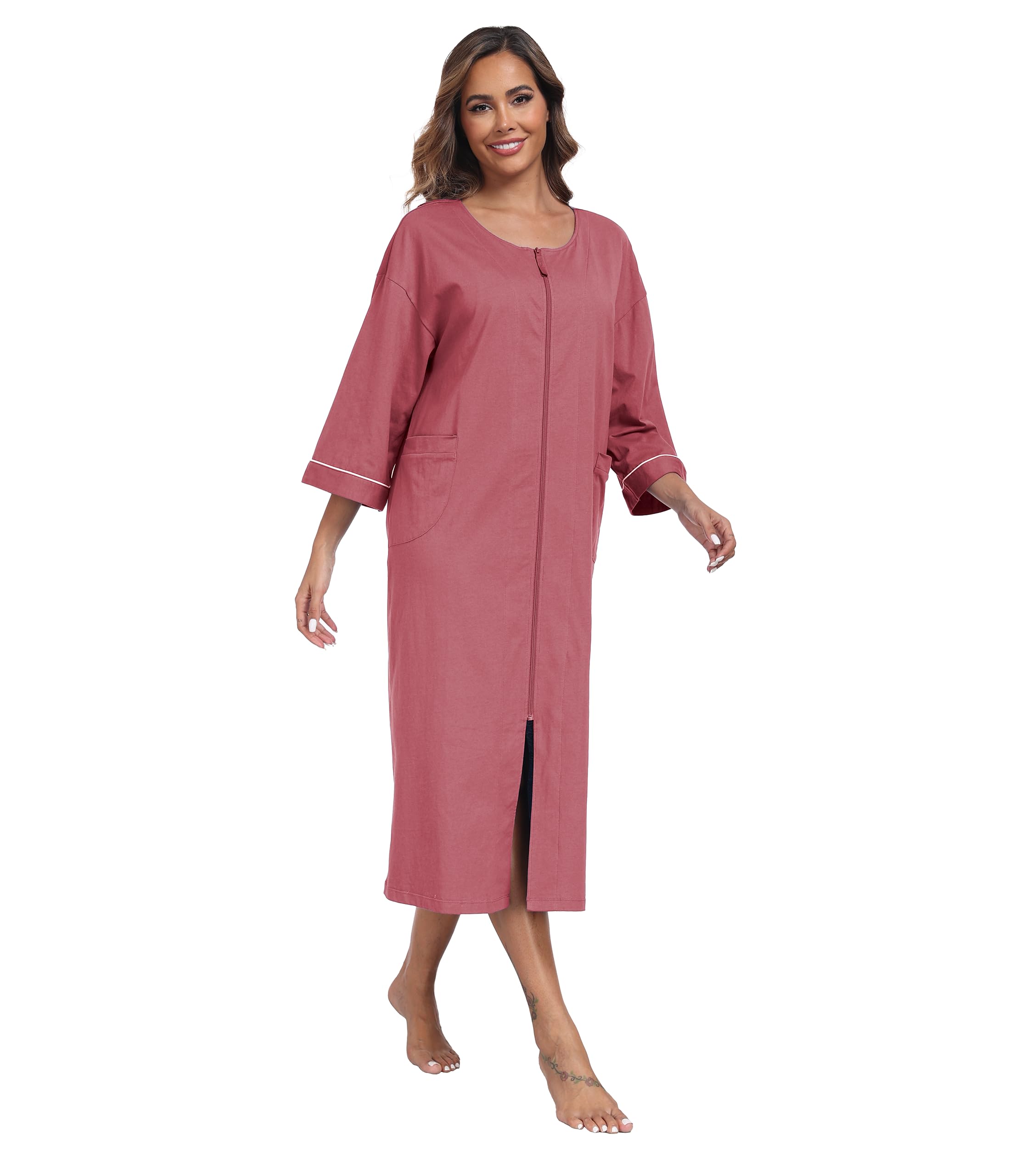 COLORFULLEAF Albornoz para mujer con cremallera, 100% algodón, ligero, con bolsillos, M-XXL